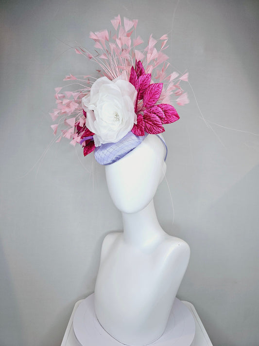 kentucky derby hat fascinator lavender light blue satin magenta fuchsia white ivory mauve  silk flower pink feathers and leaves