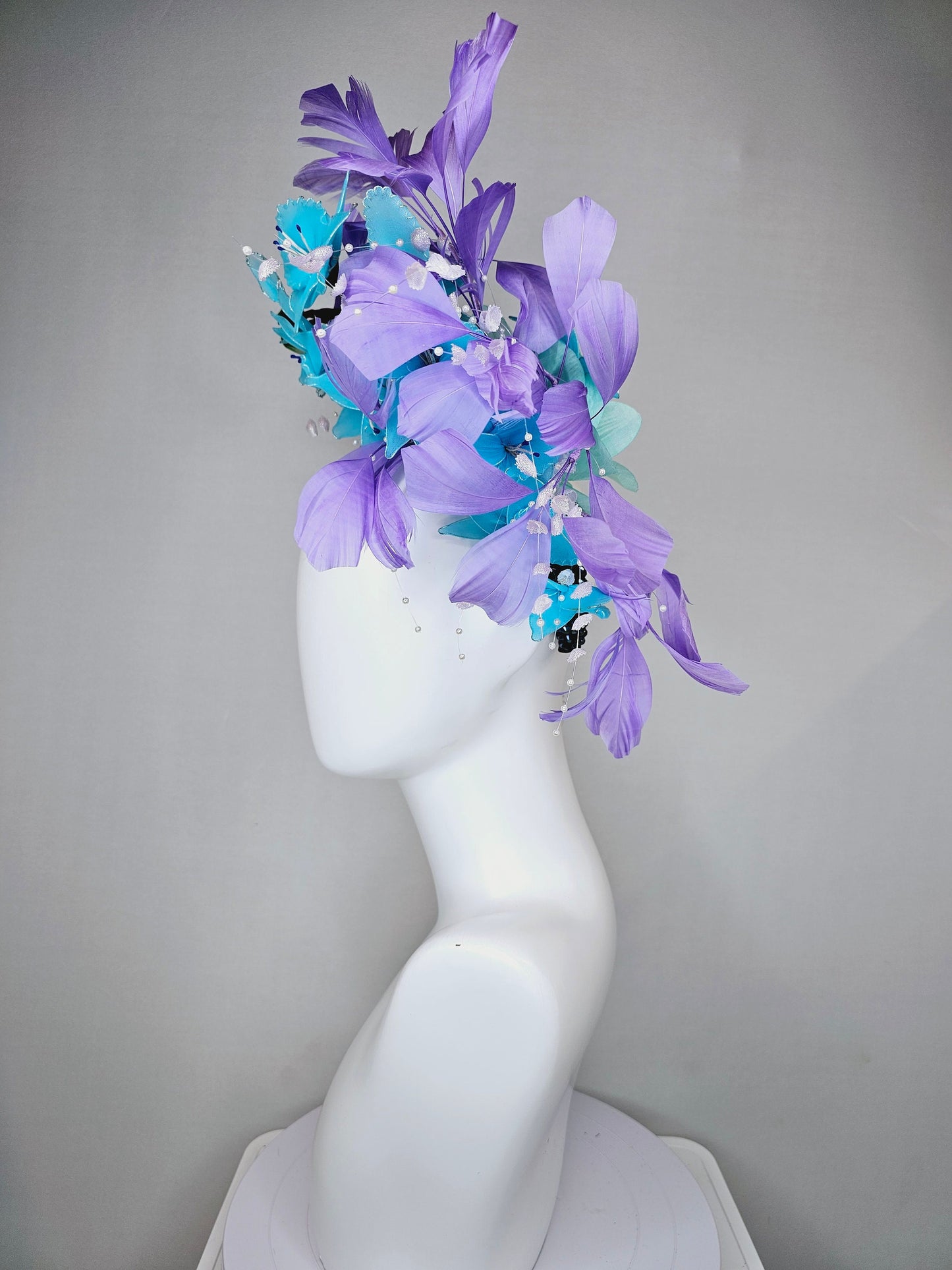 kentucky derby hat fascinator turquoise aqua blue wired flowers navy swarovski crystal headband with white pearls purple violet feathers