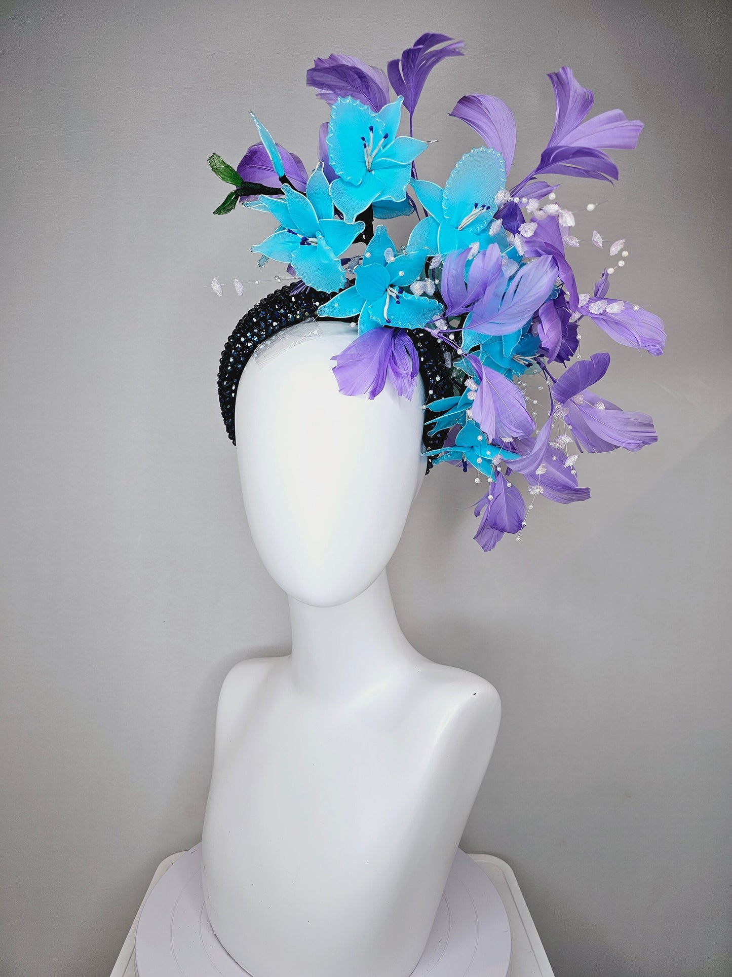 kentucky derby hat fascinator turquoise aqua blue wired flowers navy swarovski crystal headband with white pearls purple violet feathers