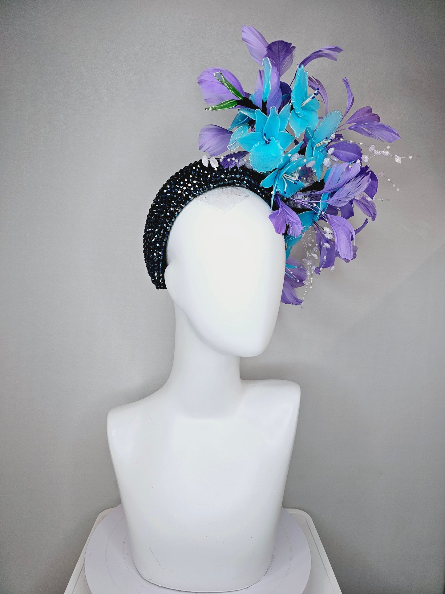 kentucky derby hat fascinator turquoise aqua blue wired flowers navy swarovski crystal headband with white pearls purple violet feathers