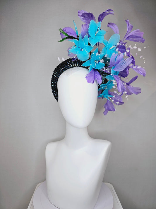 kentucky derby hat fascinator turquoise aqua blue wired flowers navy swarovski crystal headband with white pearls purple violet feathers