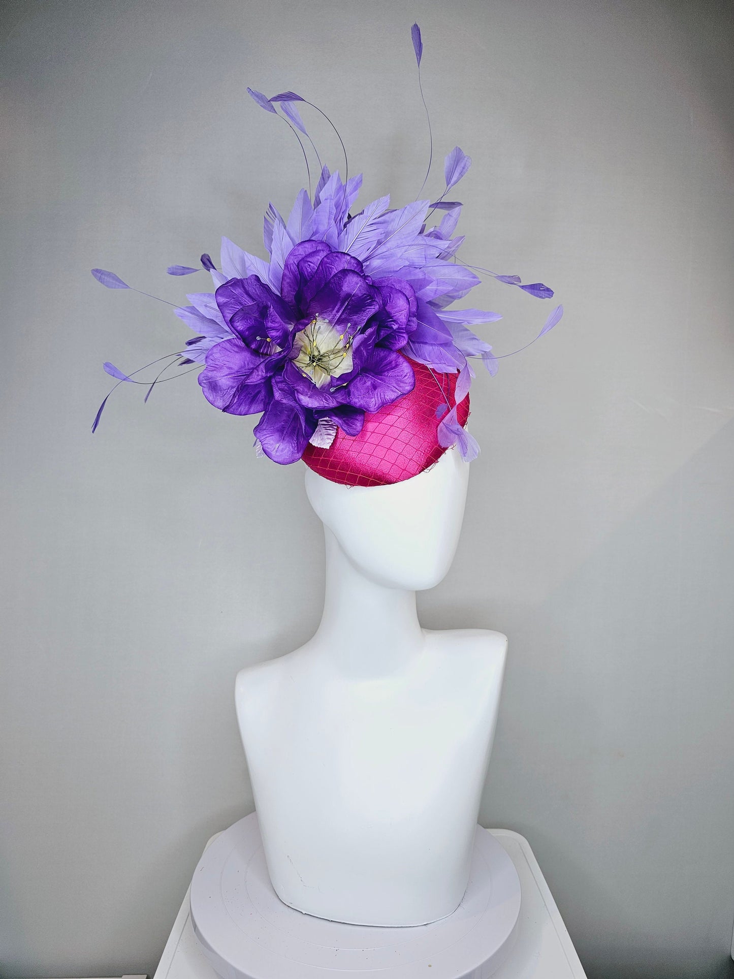 kentucky derby hat fascinator bright hot pink magenta satin with large purple peony flower with purple lavender feathers