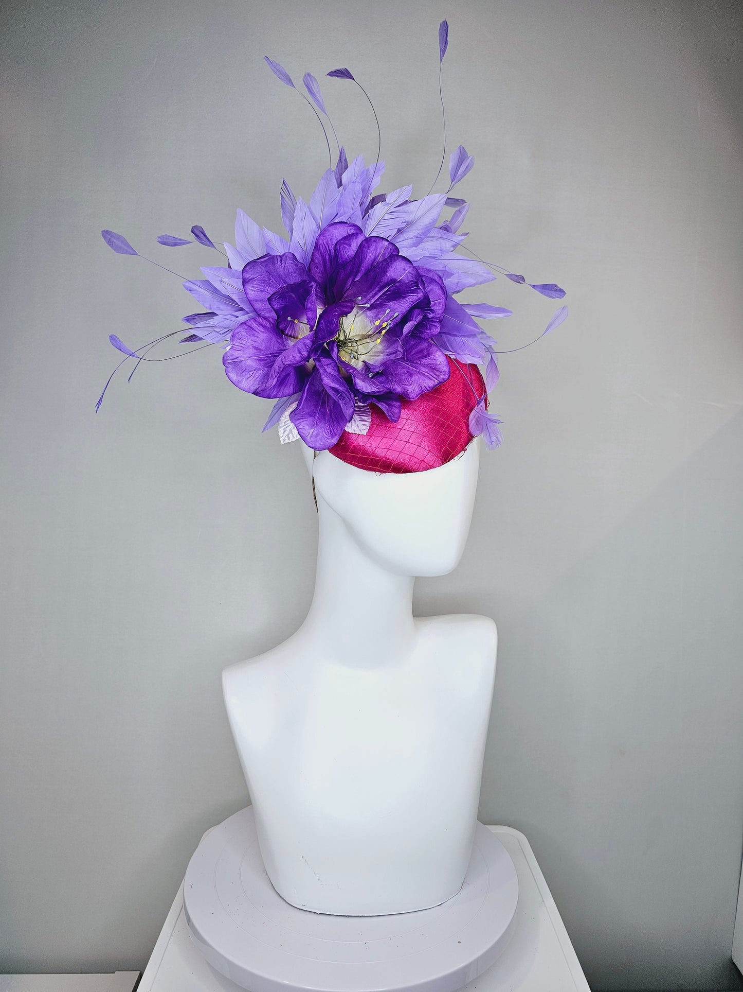 kentucky derby hat fascinator bright hot pink magenta satin with large purple peony flower with purple lavender feathers