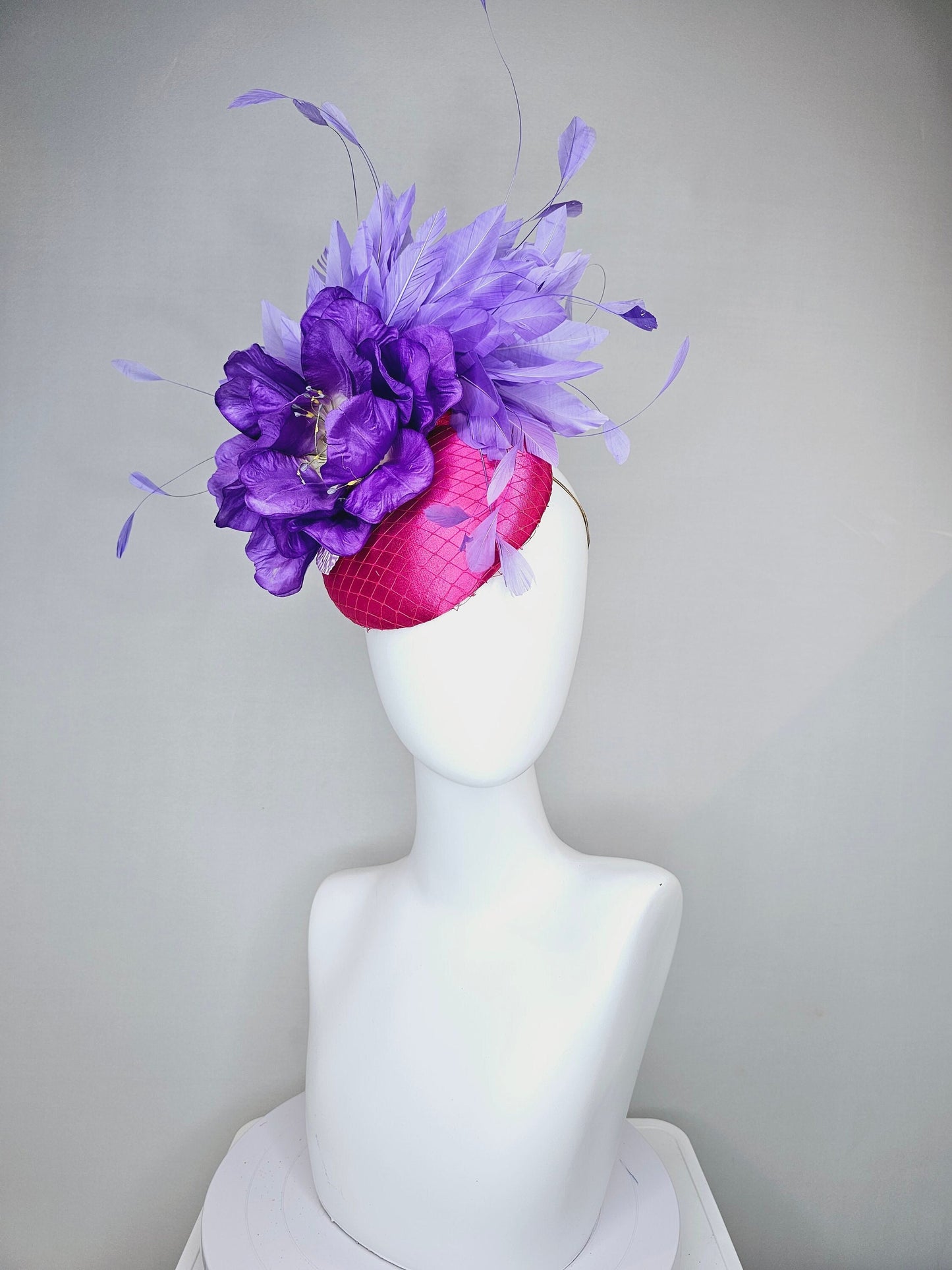 kentucky derby hat fascinator bright hot pink magenta satin with large purple peony flower with purple lavender feathers