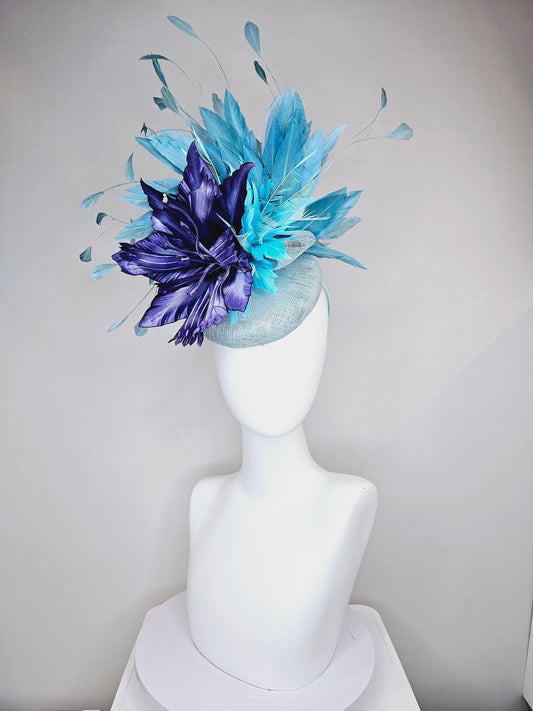 kentucky derby hat fascinator light blue sinamay base with blue navy satin large flower aqua turquoise blue feathers