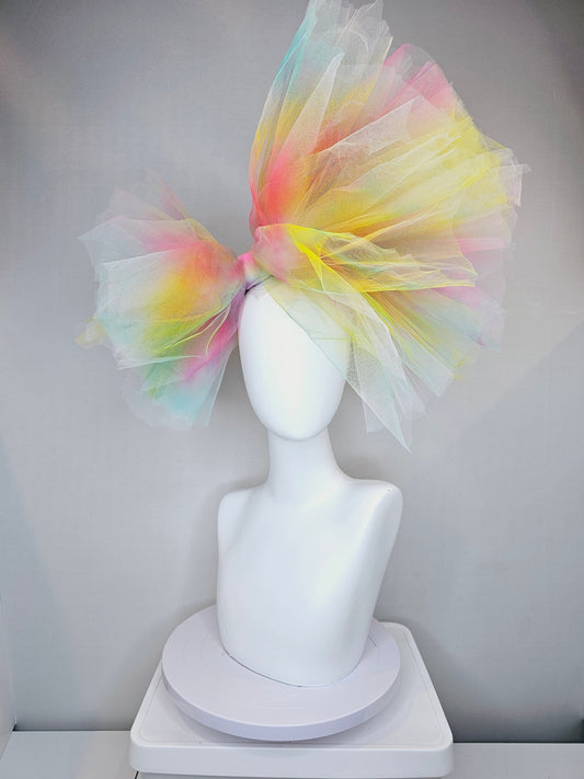 kentucky derby hat fascinator very large netting colorful distressed tulle rainbow sheer asymmetric bow on headband