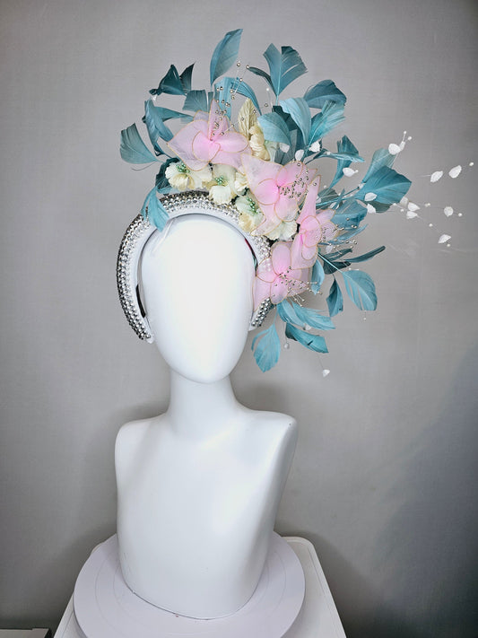 kentucky derby hat fascinator silver swarovski crystal headband with light peacock green blue feathers with pink wired flowers and pearls