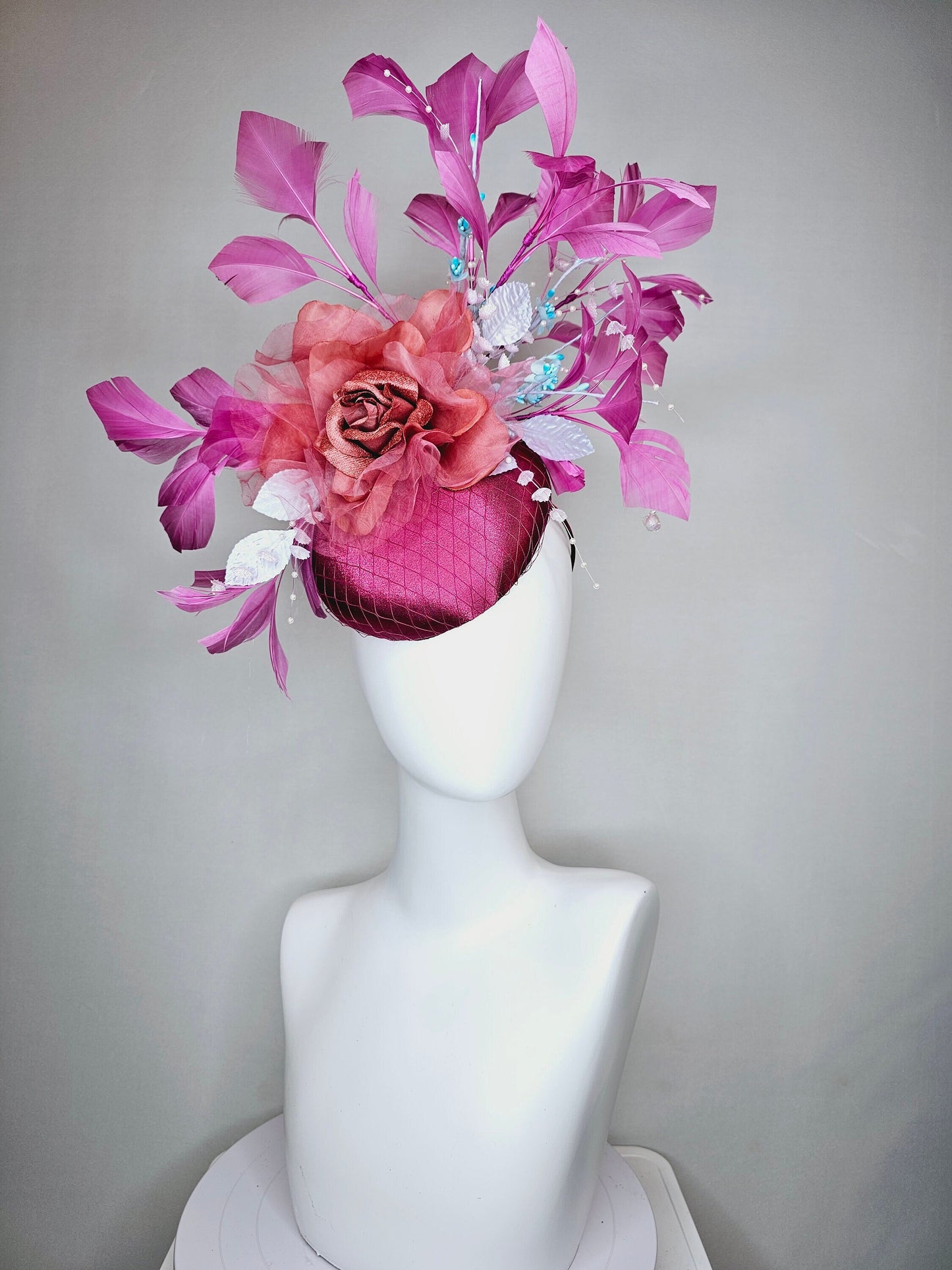 kentucky derby hat fascinator purple pink magenta satin with large burnt orange rust flower with purple lavender feathers light satin leaves