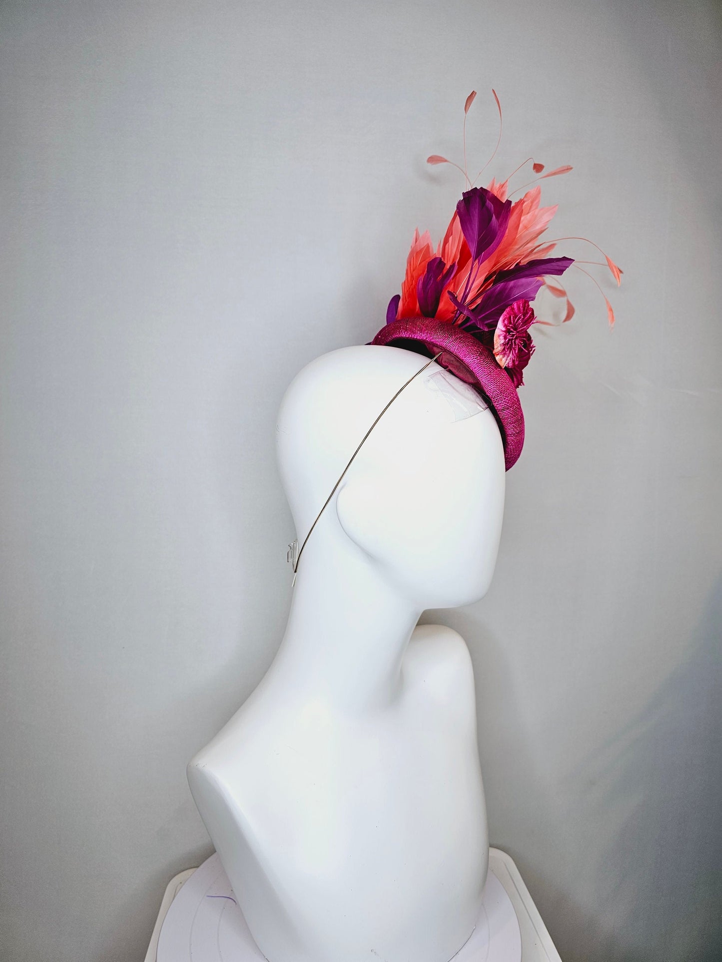 kentucky derby hat fascinator purple violet magenta sinamay with curls purple large burnt orange coral flowers with coral apricot feathers