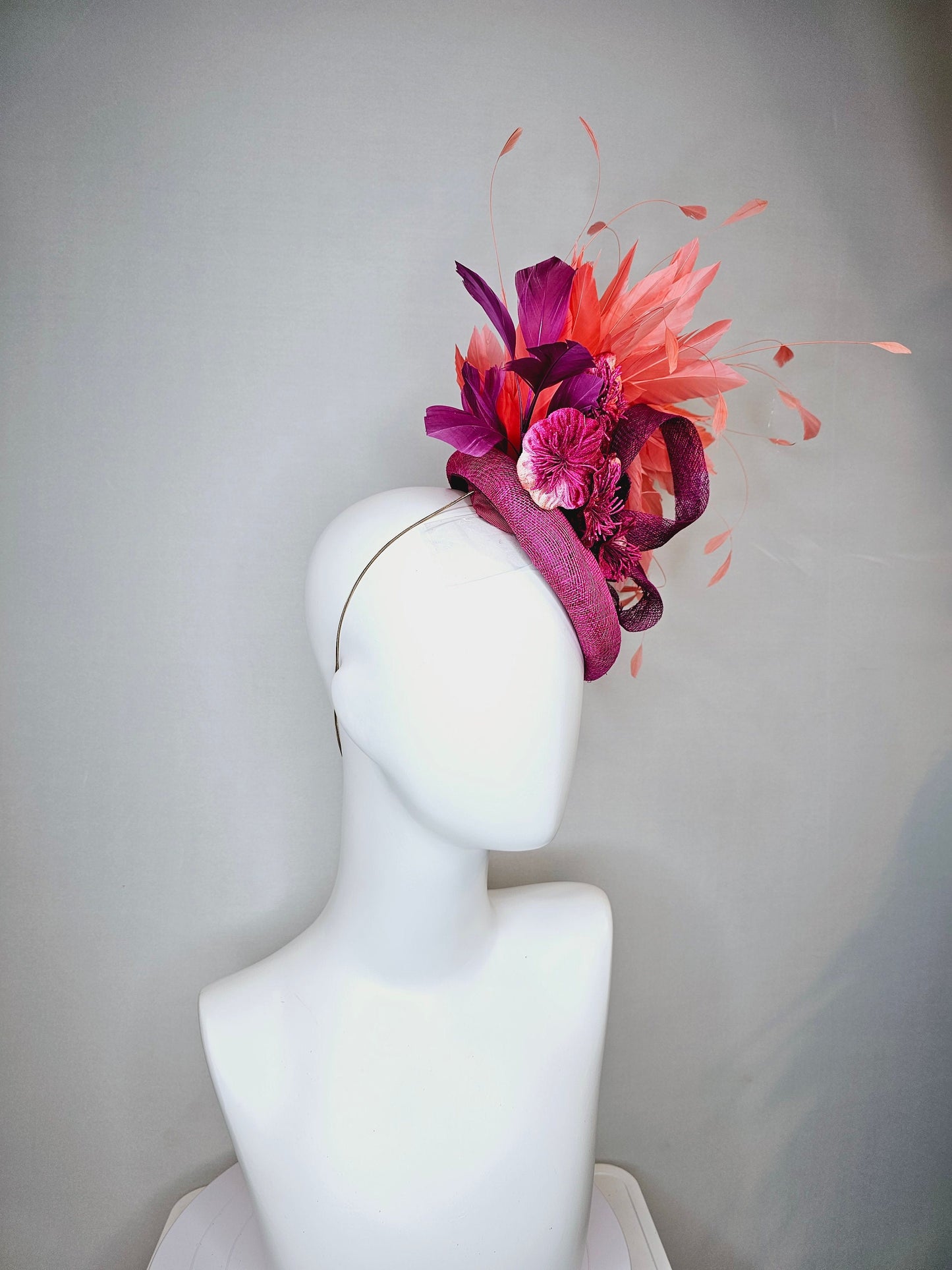 kentucky derby hat fascinator purple violet magenta sinamay with curls purple large burnt orange coral flowers with coral apricot feathers