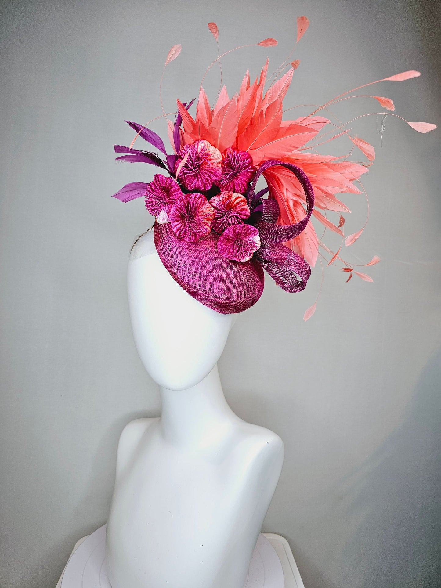 kentucky derby hat fascinator purple violet magenta sinamay with curls purple large burnt orange coral flowers with coral apricot feathers