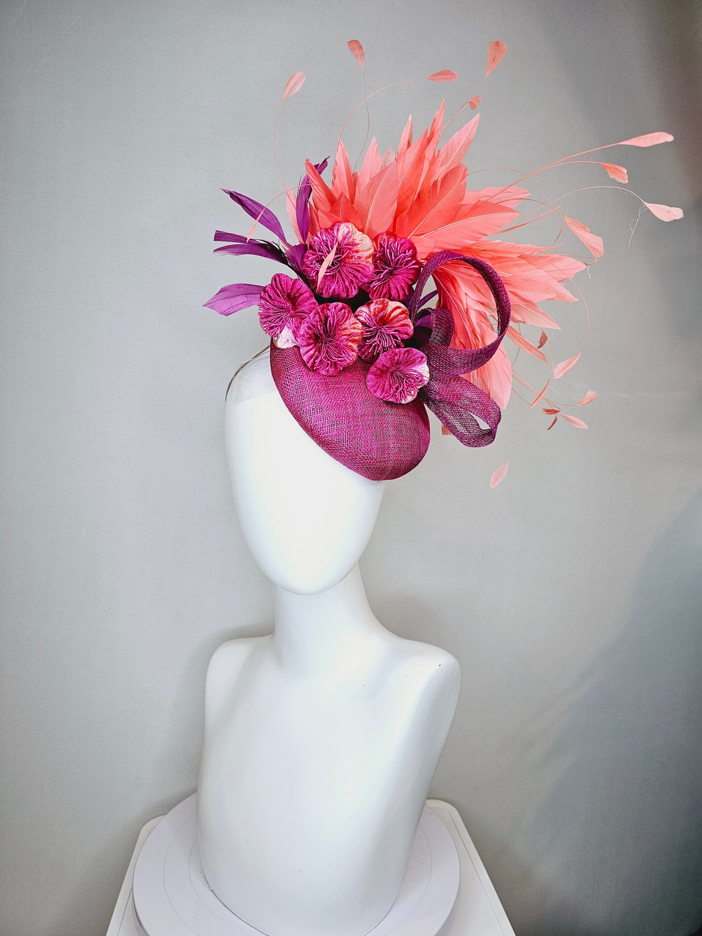 kentucky derby hat fascinator purple violet magenta sinamay with curls purple large burnt orange coral flowers with coral apricot feathers