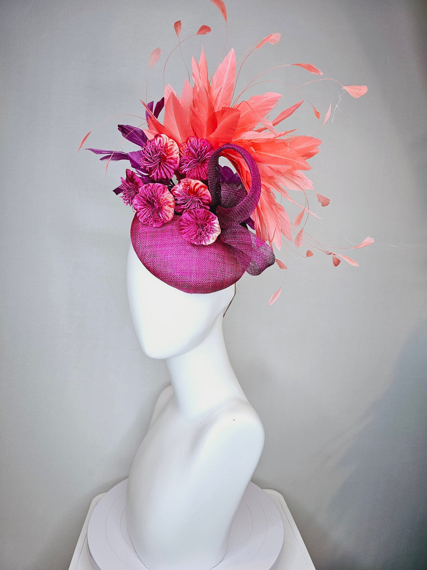 kentucky derby hat fascinator purple violet magenta sinamay with curls purple large burnt orange coral flowers with coral apricot feathers