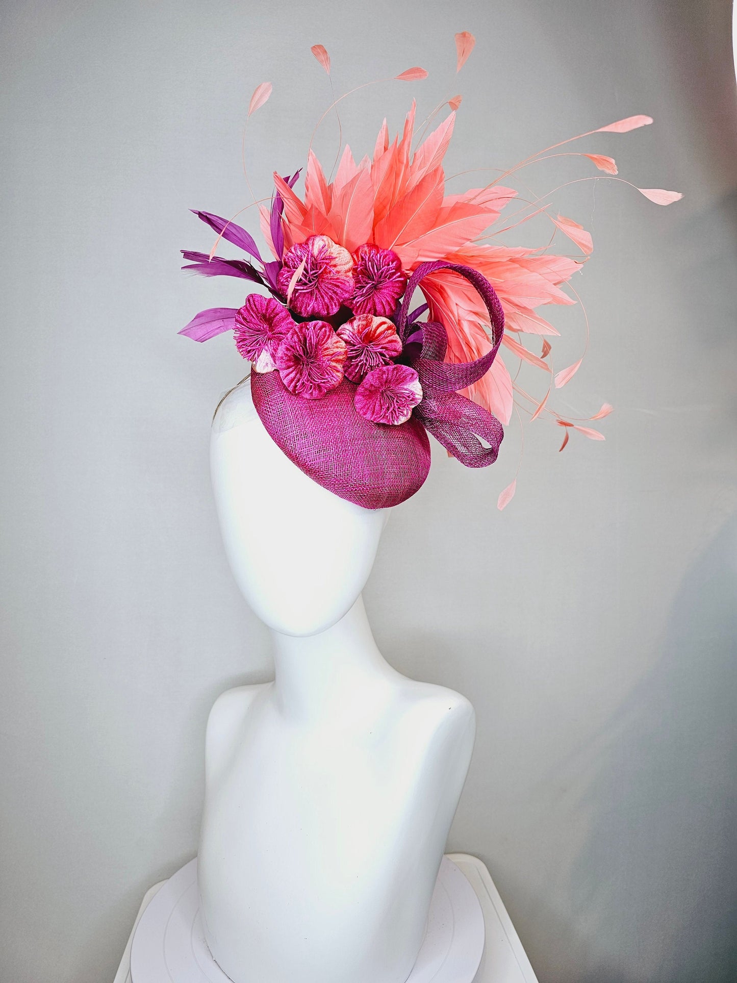 kentucky derby hat fascinator purple violet magenta sinamay with curls purple large burnt orange coral flowers with coral apricot feathers