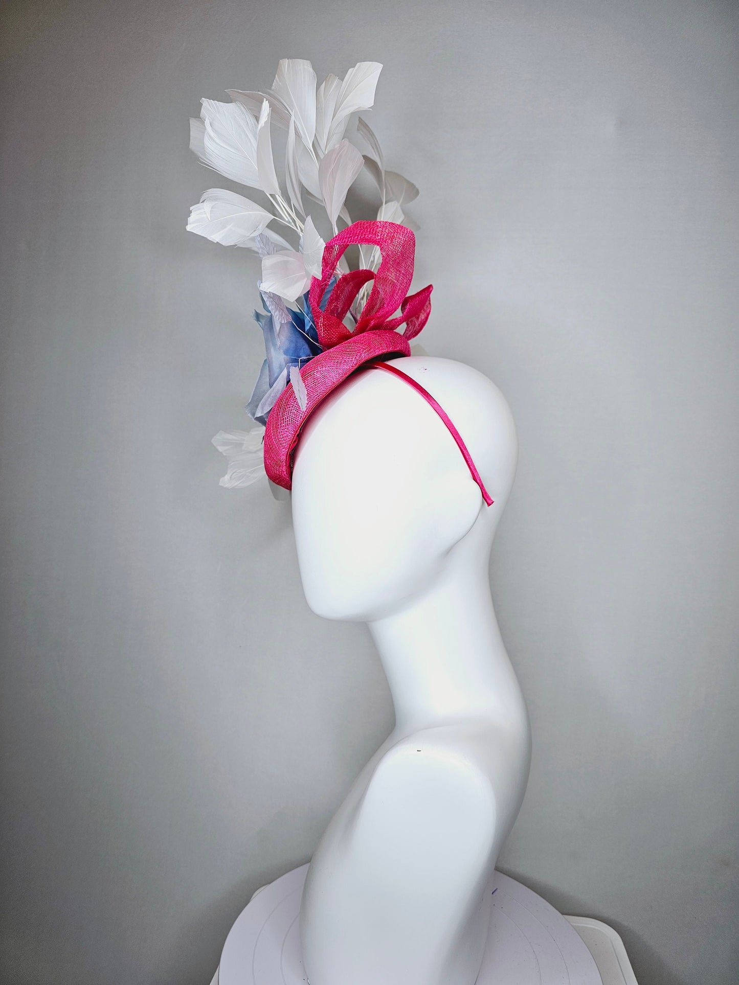 kentucky derby hat fascinator hot pink sinamay with large light blue silk rose flower and white  feathers