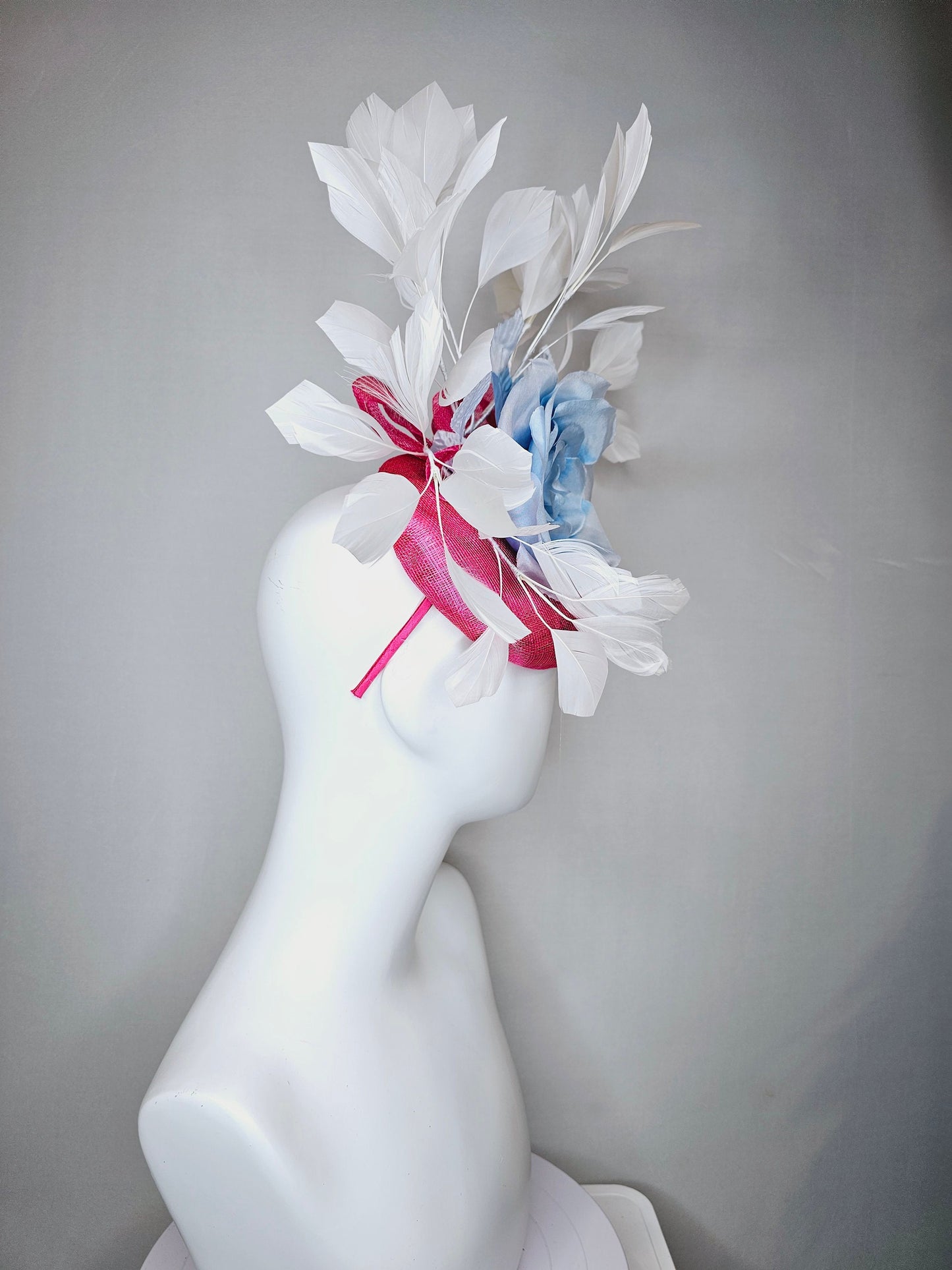 kentucky derby hat fascinator hot pink sinamay with large light blue silk rose flower and white  feathers