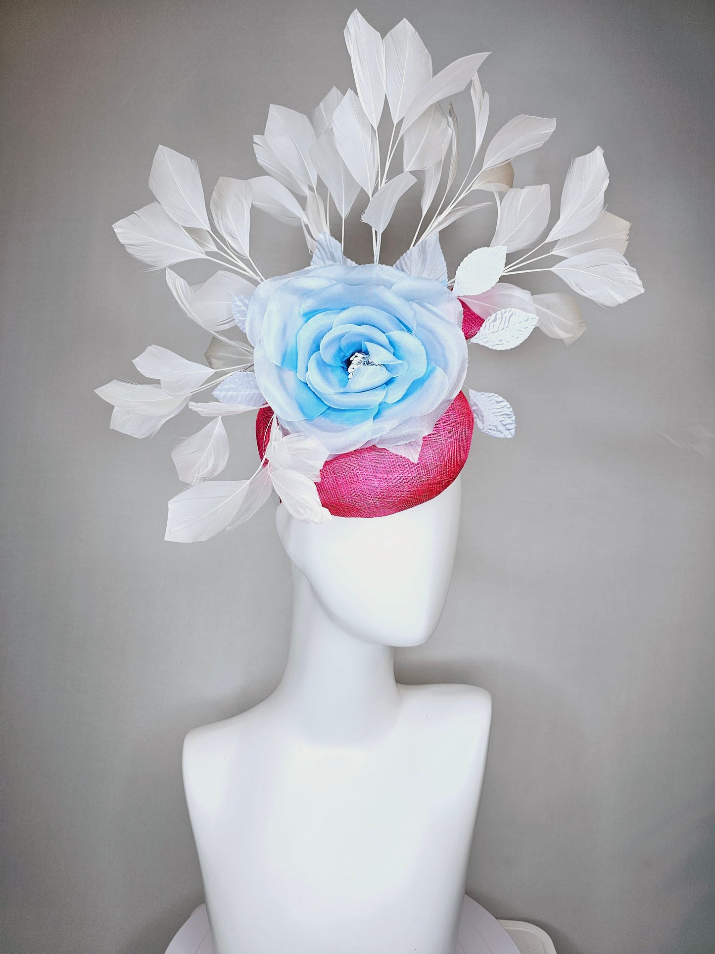 kentucky derby hat fascinator hot pink sinamay with large light blue silk rose flower and white  feathers