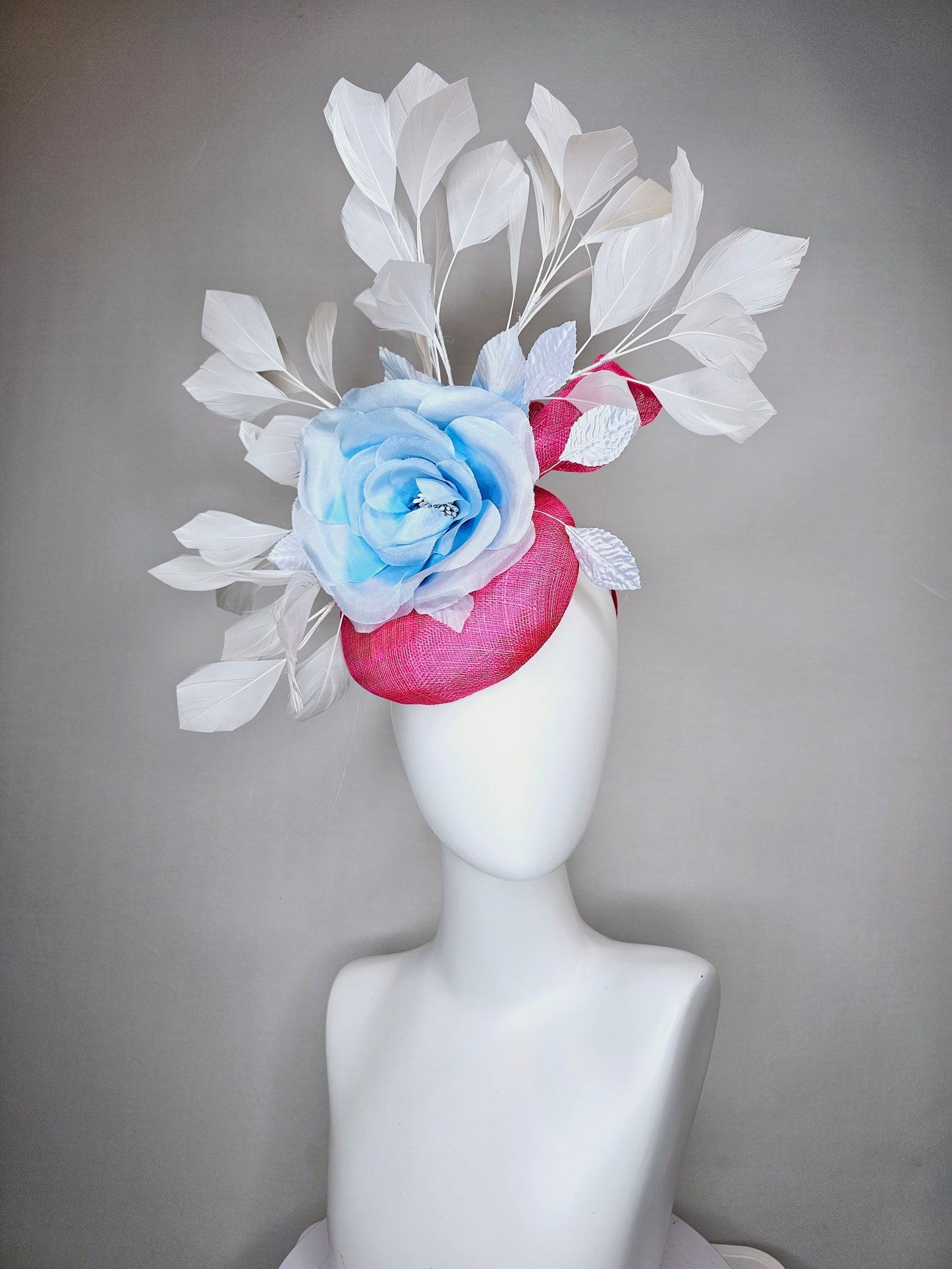 kentucky derby hat fascinator hot pink sinamay with large light blue silk rose flower and white  feathers