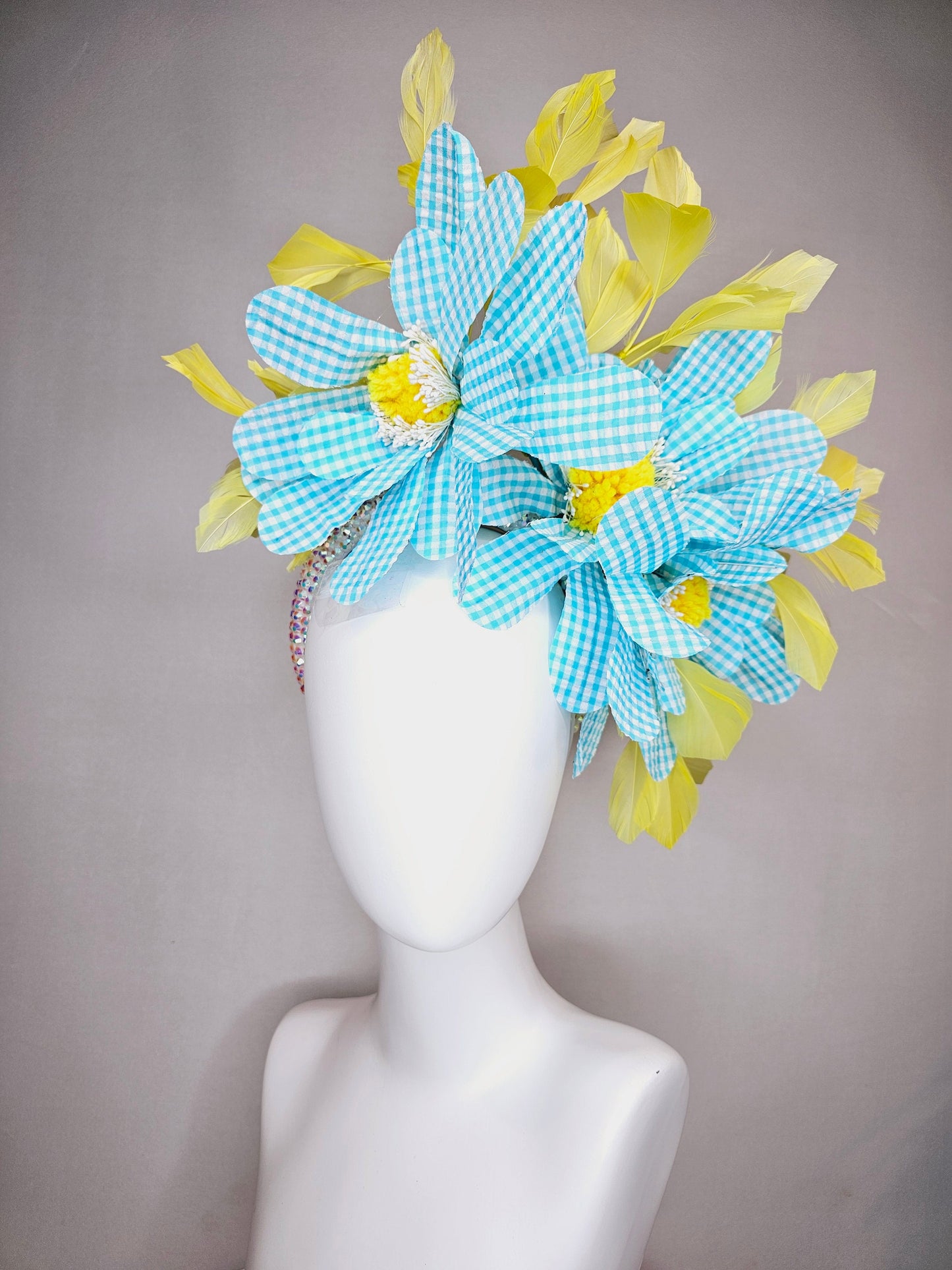 kentucky derby hat fascinator white aurora iridescent crystal rhinestone headband turquoise gingham flowers yellow feathers