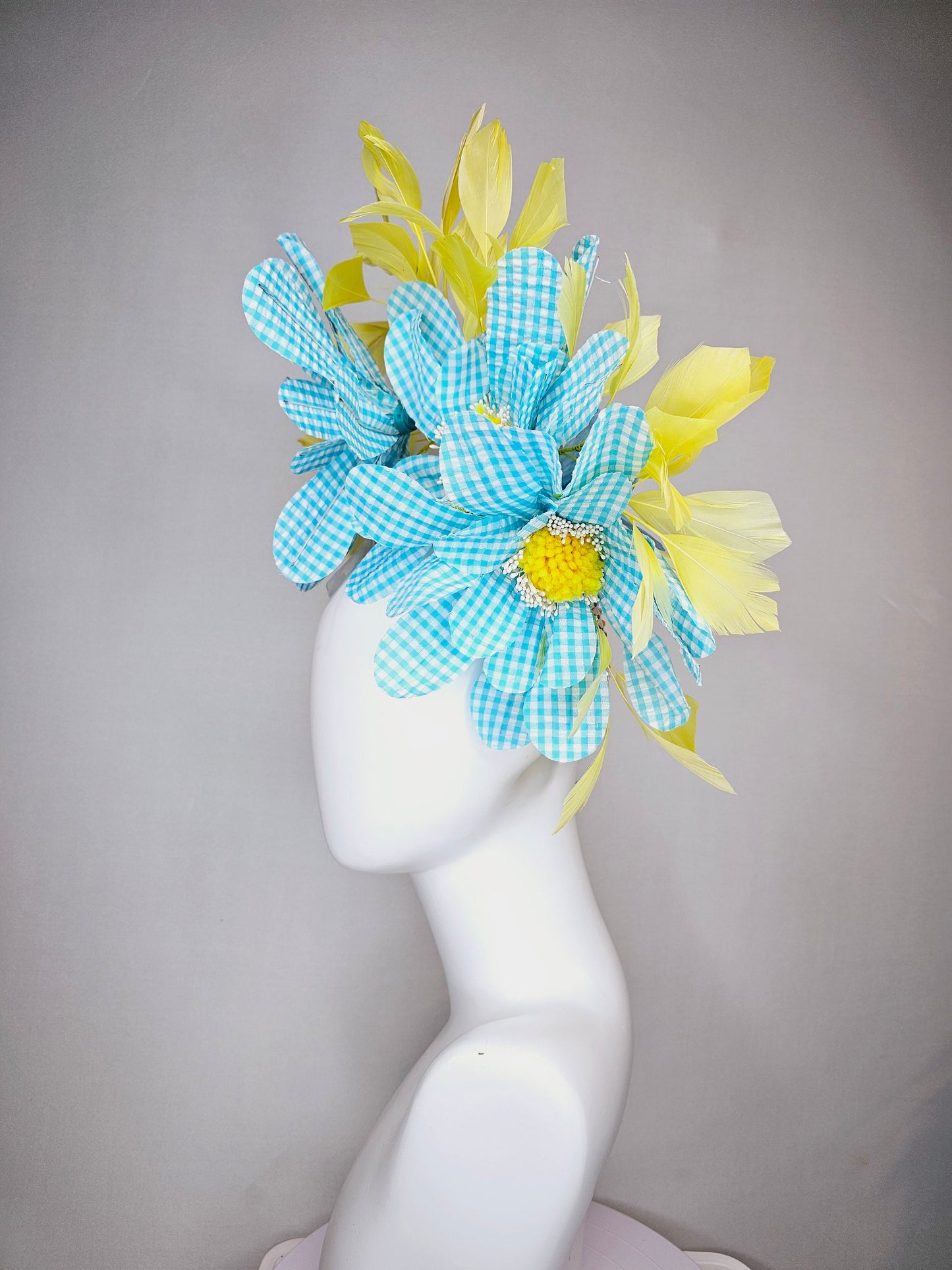 kentucky derby hat fascinator white aurora iridescent crystal rhinestone headband turquoise gingham flowers yellow feathers