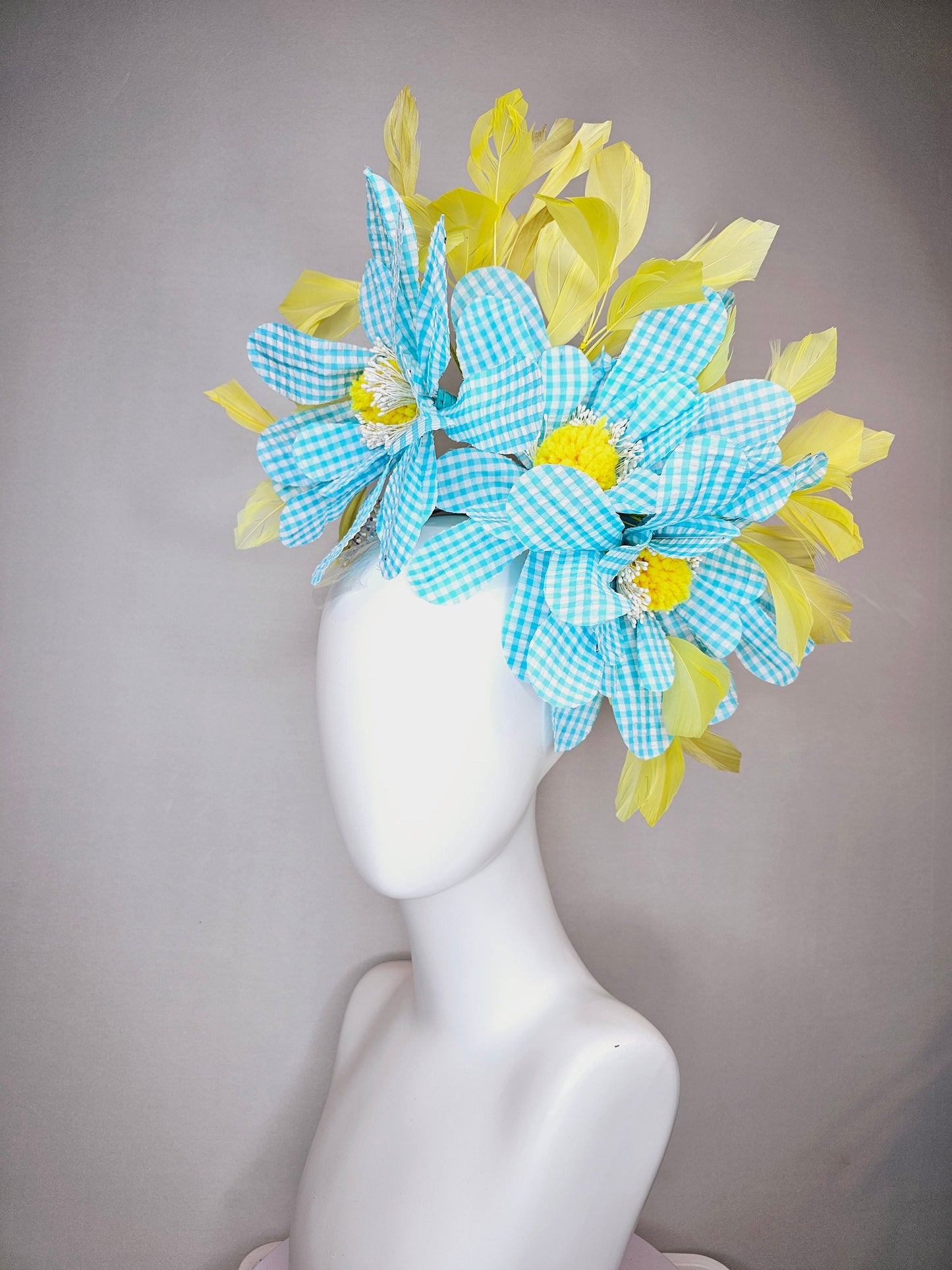 kentucky derby hat fascinator white aurora iridescent crystal rhinestone headband turquoise gingham flowers yellow feathers