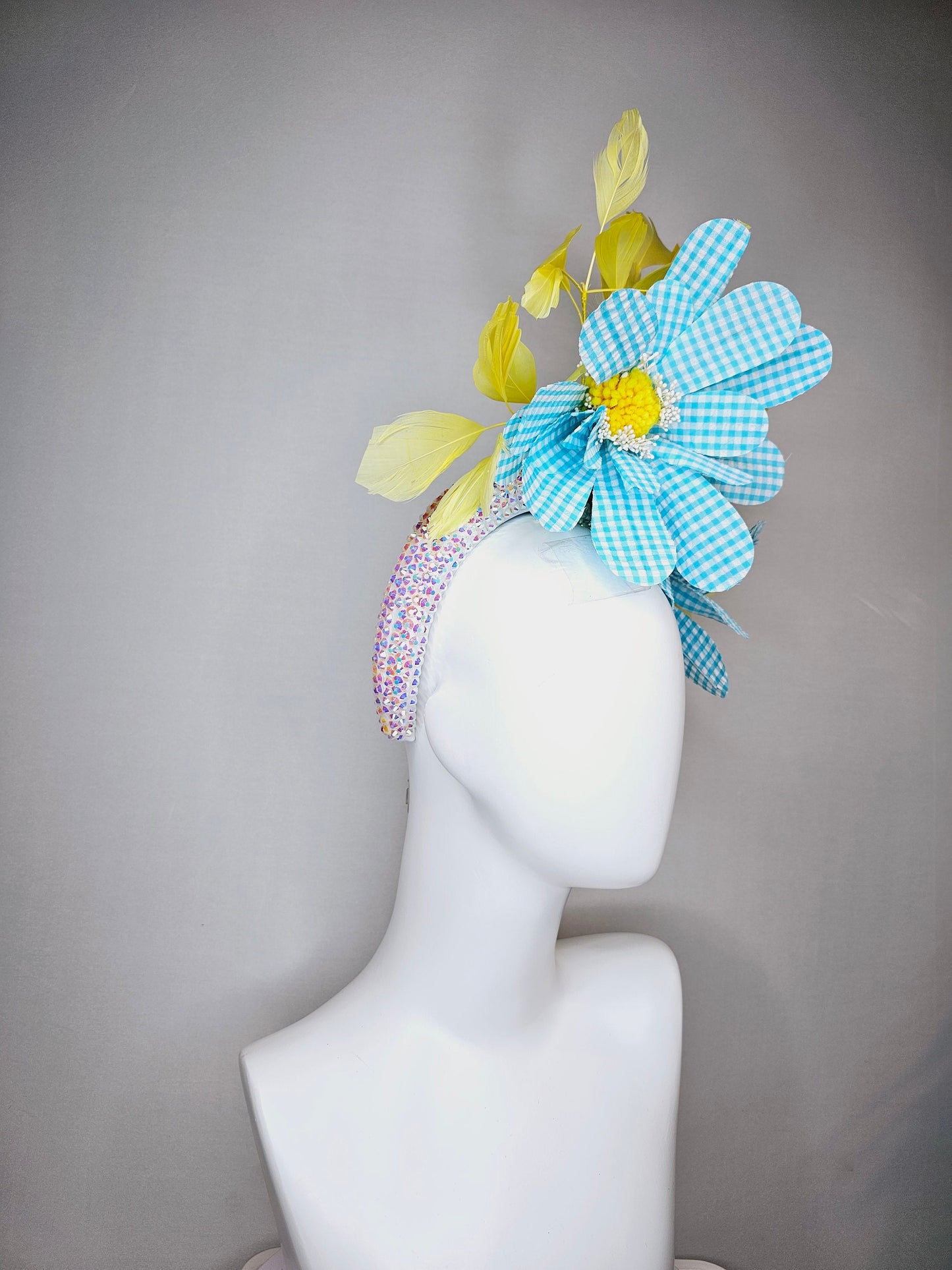 kentucky derby hat fascinator white aurora iridescent crystal rhinestone headband turquoise gingham flowers yellow feathers