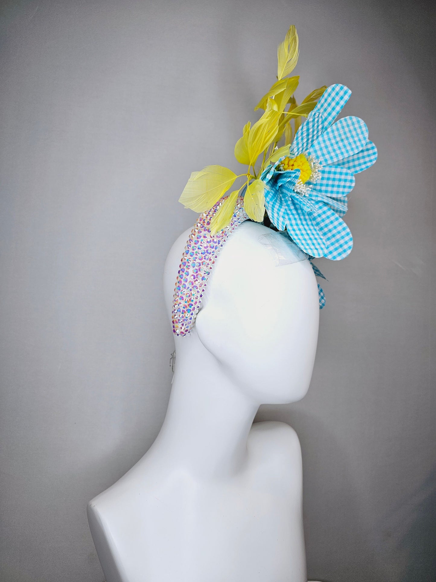 kentucky derby hat fascinator white aurora iridescent crystal rhinestone headband turquoise gingham flowers yellow feathers