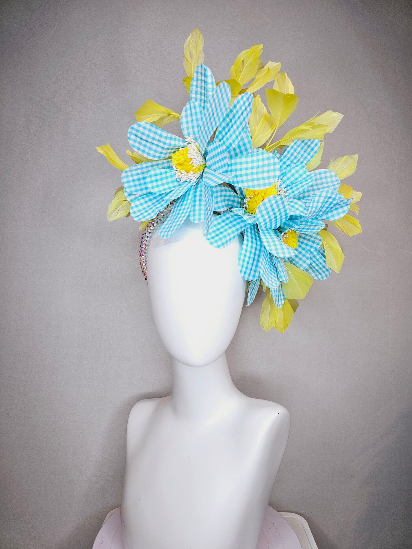 kentucky derby hat fascinator white aurora iridescent crystal rhinestone headband turquoise gingham flowers yellow feathers