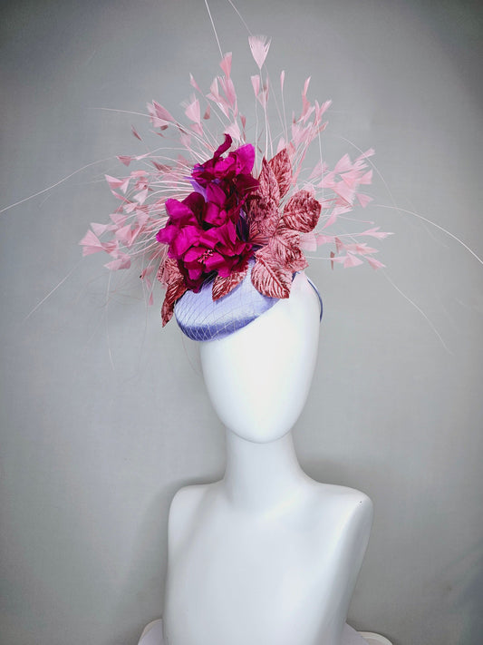 kentucky derby hat fascinator lavender light blue satin magenta fuchsia hot pink silk flowers  pink feathers and leaves