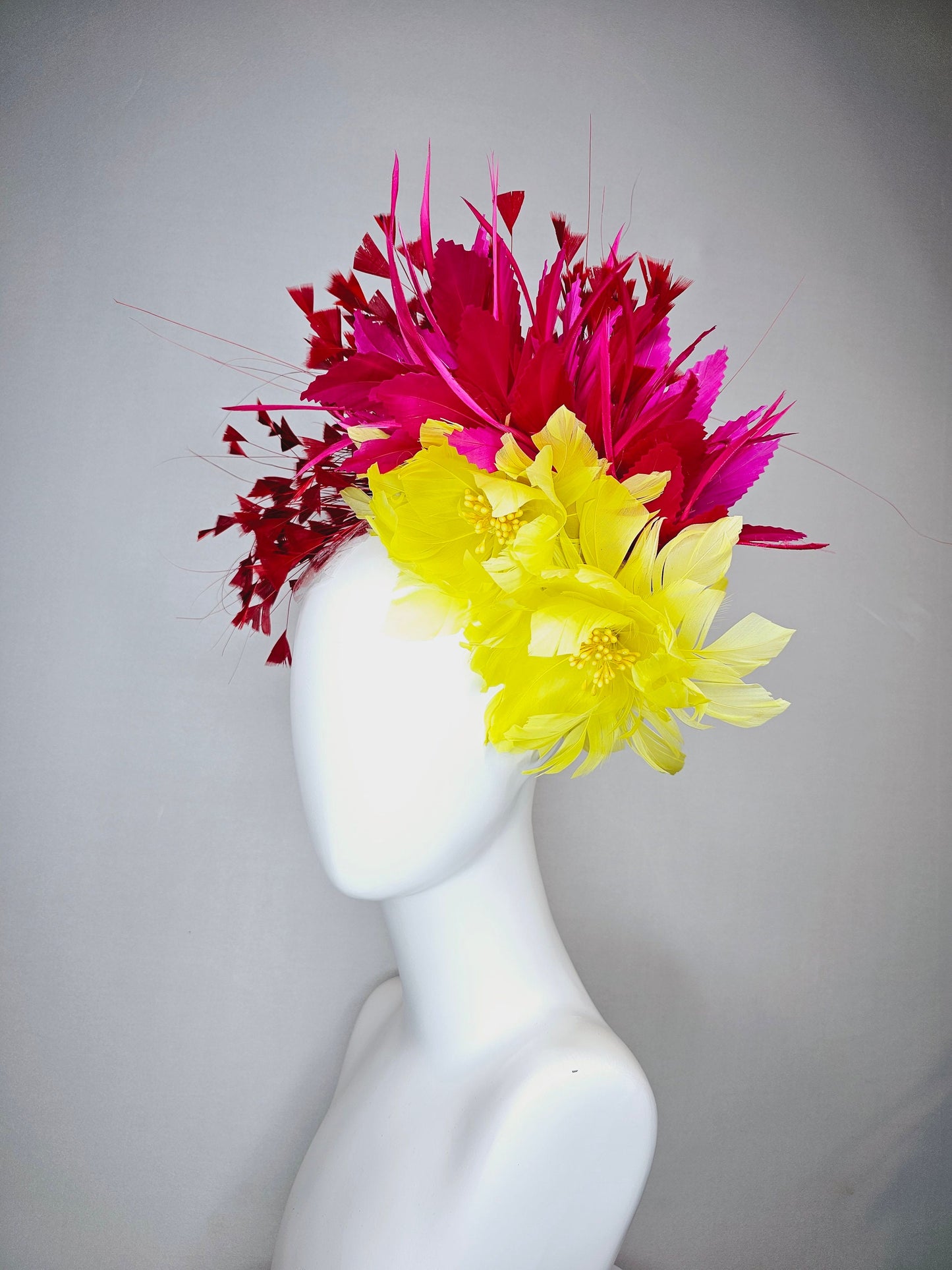 kentucky derby hat fascinator large yellow feather flowers with bright pink and red feathers thin headband