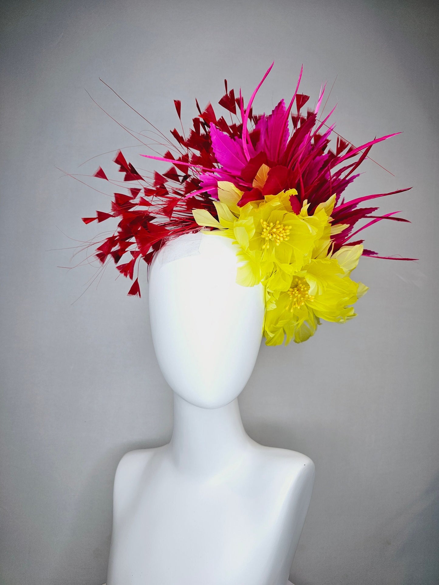 kentucky derby hat fascinator large yellow feather flowers with bright pink and red feathers thin headband