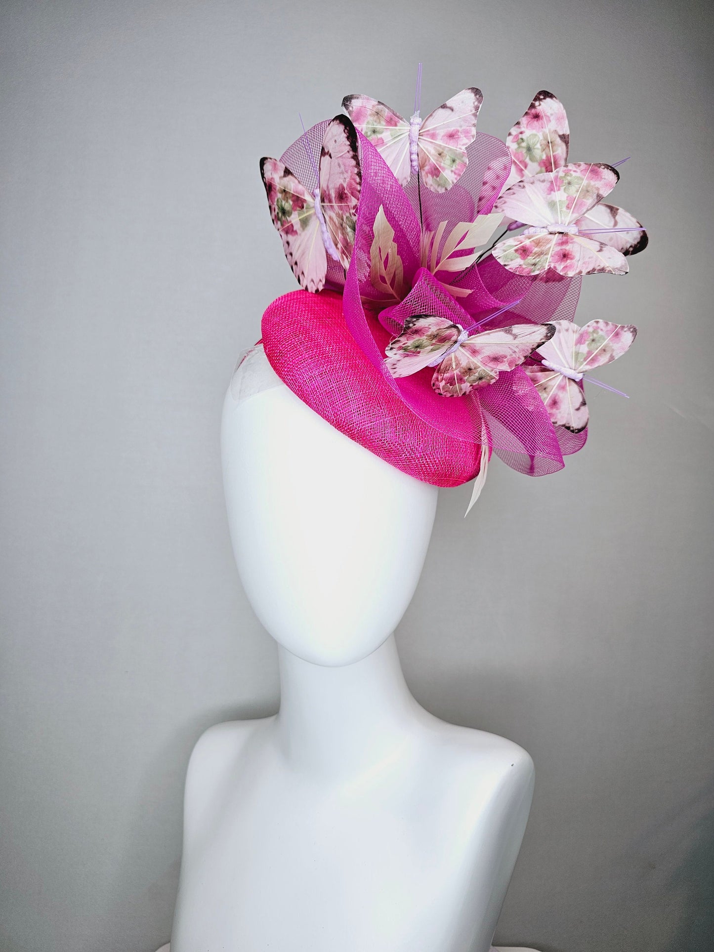 kentucky derby hat fascinator bright hot pink fuchsia sinamay with matching crinoline light pink floral green  butterflies