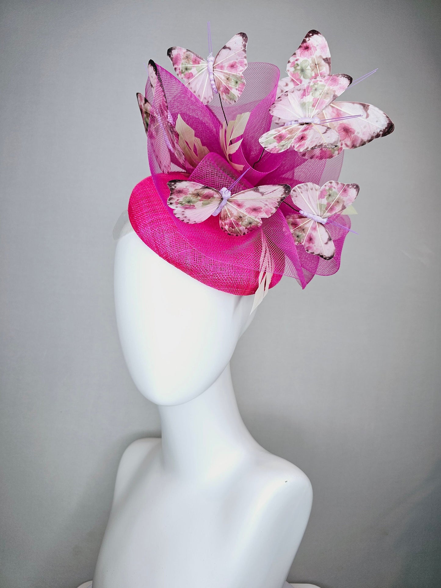 kentucky derby hat fascinator bright hot pink fuchsia sinamay with matching crinoline light pink floral green  butterflies