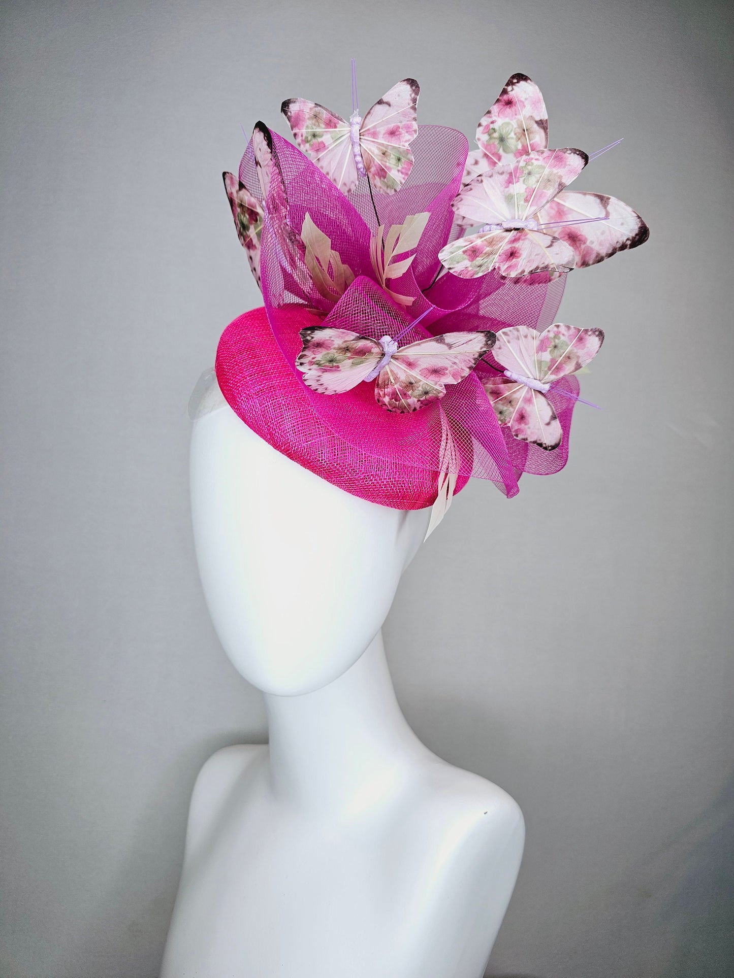 kentucky derby hat fascinator bright hot pink fuchsia sinamay with matching crinoline light pink floral green  butterflies