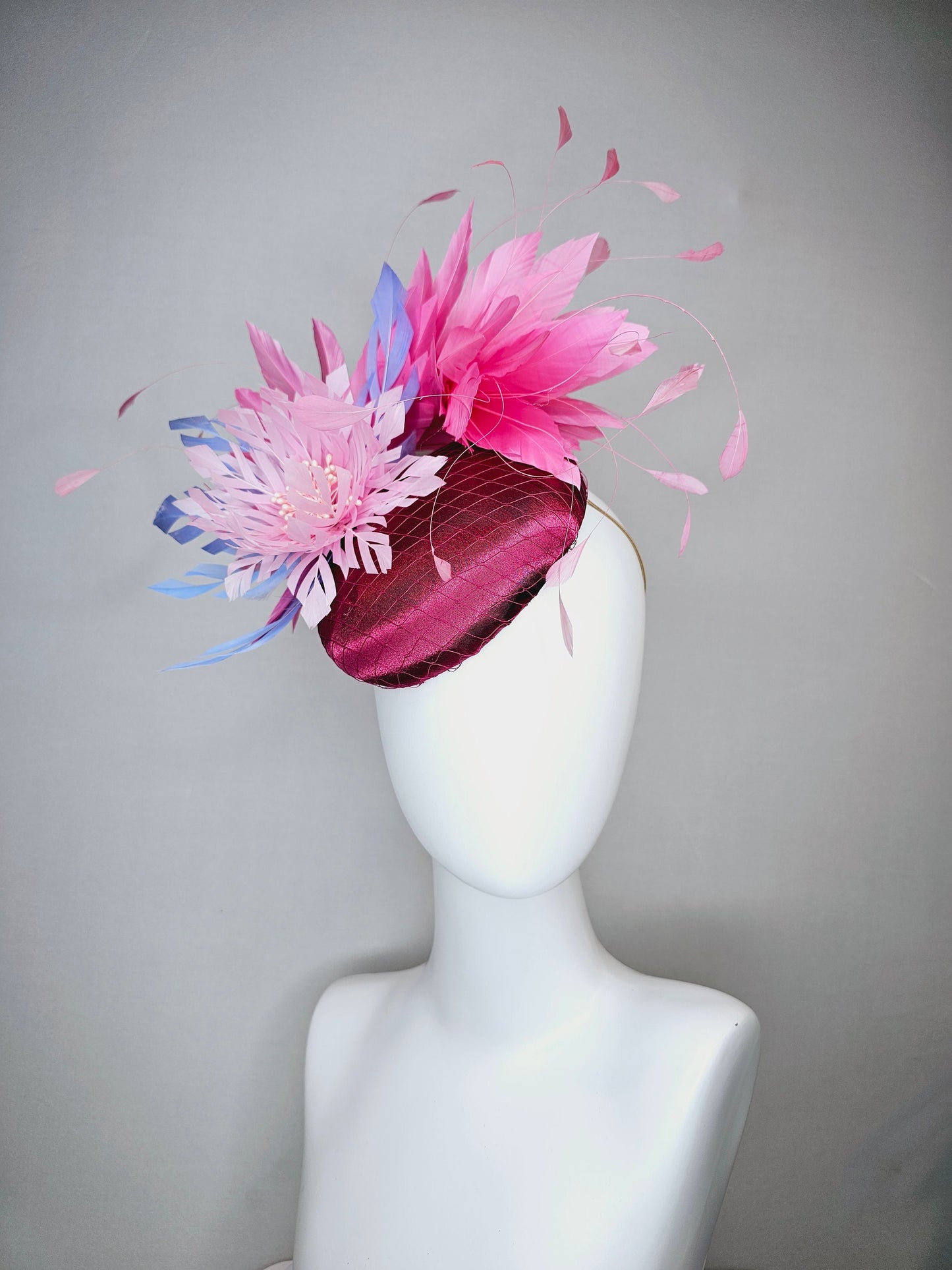 kentucky derby hat fascinator magenta purple pink fuchsia satin with pink feathers lavender pink blue feather flower