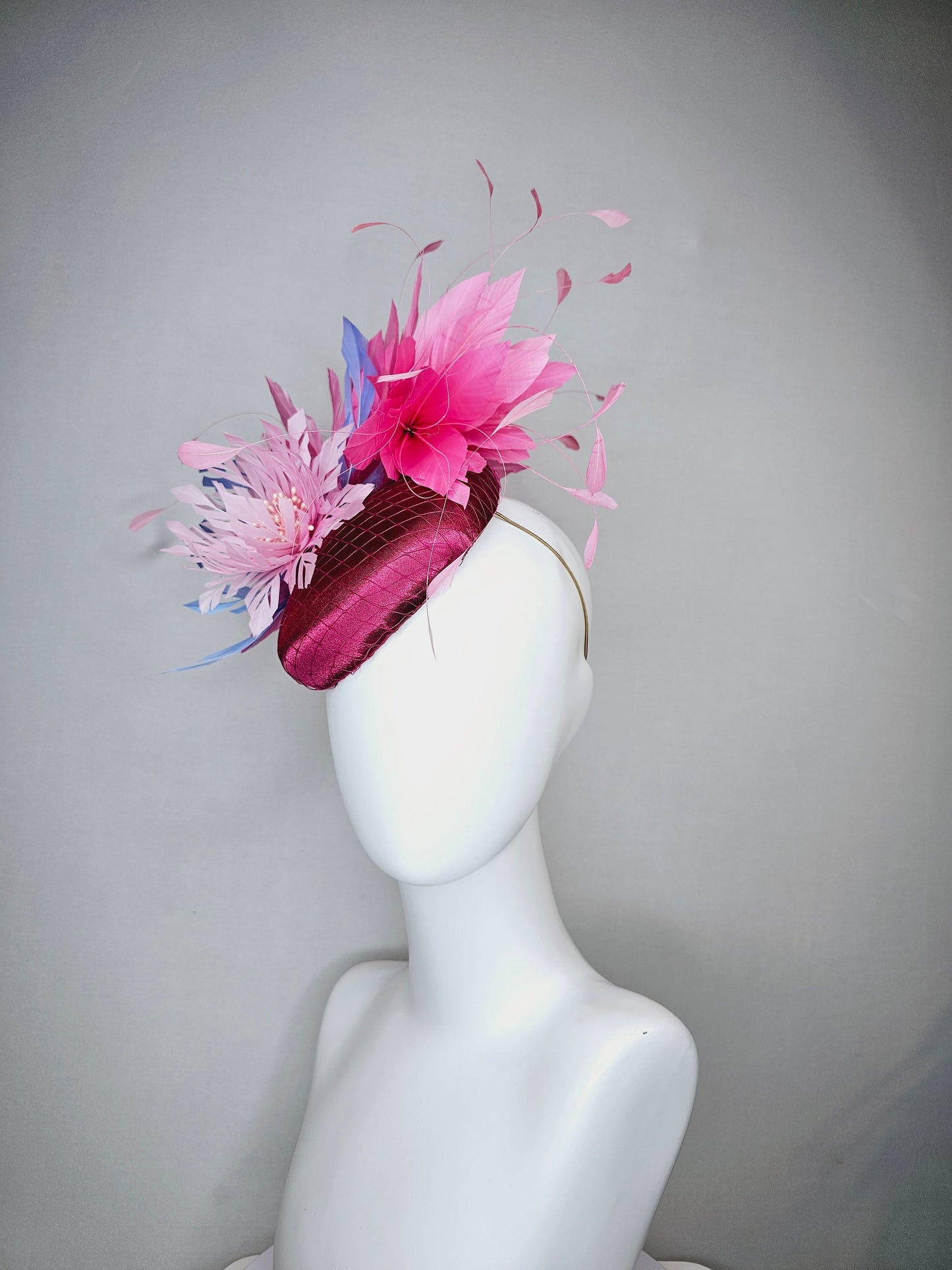 kentucky derby hat fascinator magenta purple pink fuchsia satin with pink feathers lavender pink blue feather flower