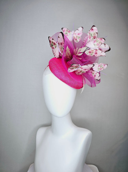 kentucky derby hat fascinator bright hot pink fuchsia sinamay with matching crinoline light pink floral green  butterflies