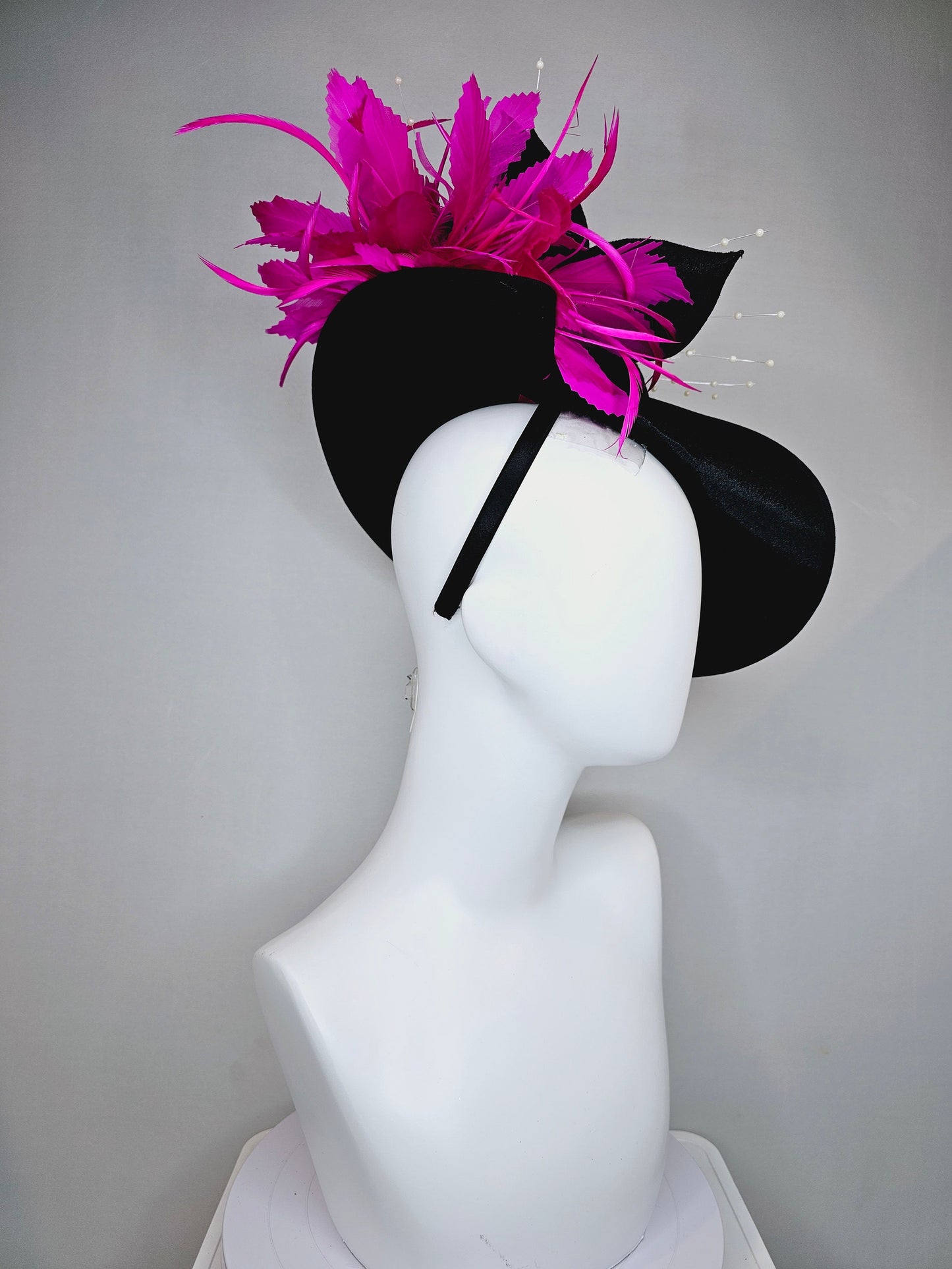 kentucky derby hat fascinator black satin saucer with airbrush pink and white letter decor pink feathers white pearls