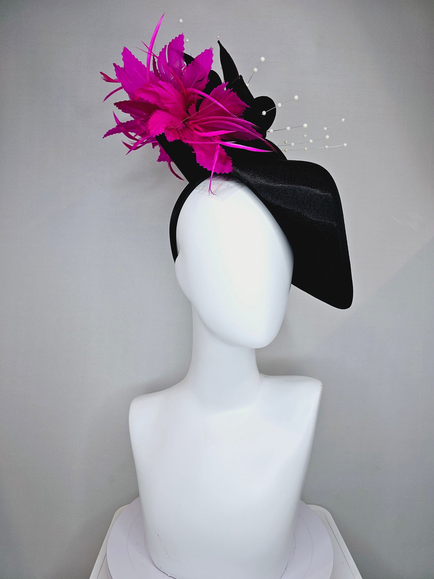 kentucky derby hat fascinator black satin saucer with airbrush pink and white letter decor pink feathers white pearls