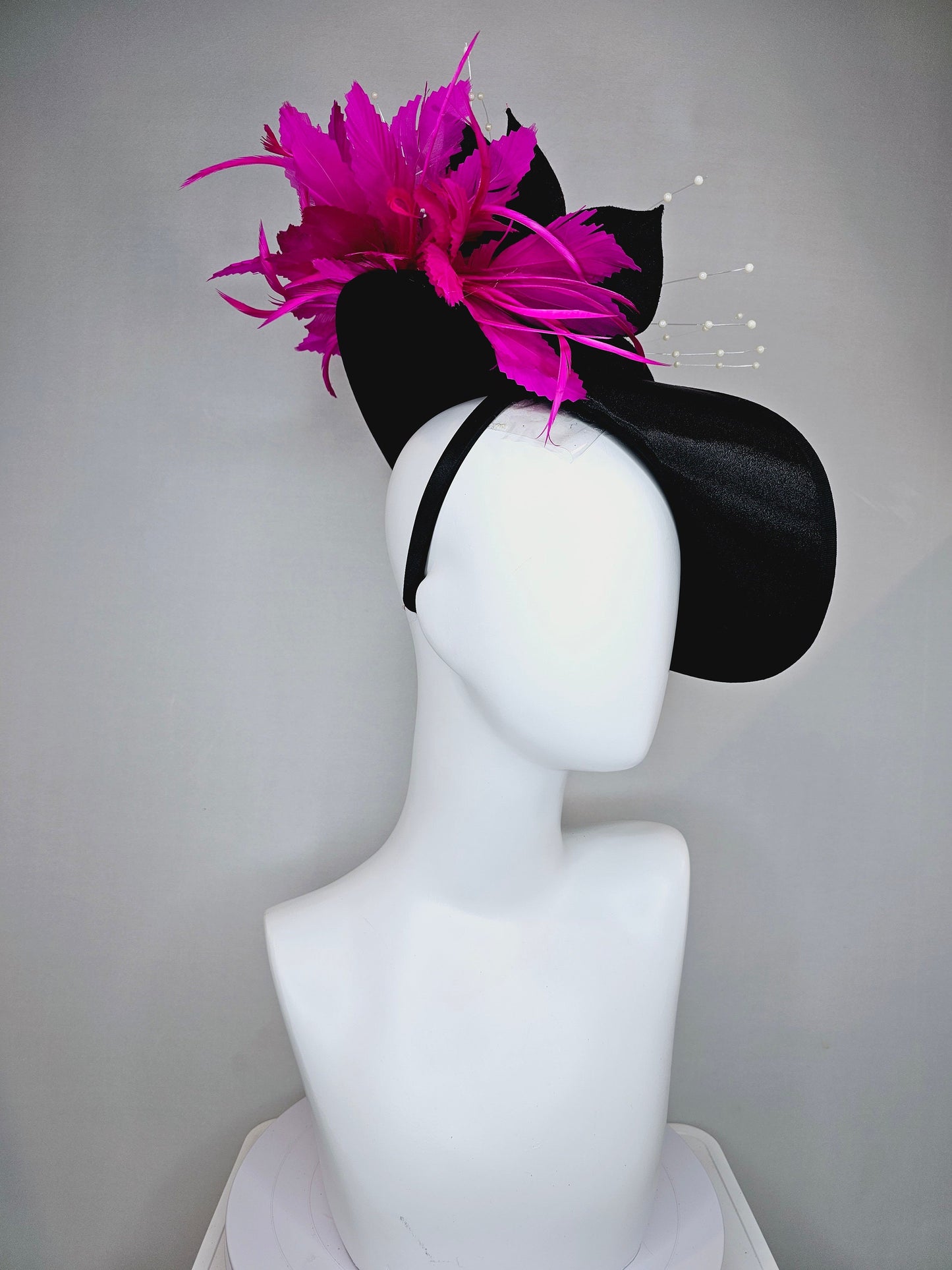 kentucky derby hat fascinator black satin saucer with airbrush pink and white letter decor pink feathers white pearls