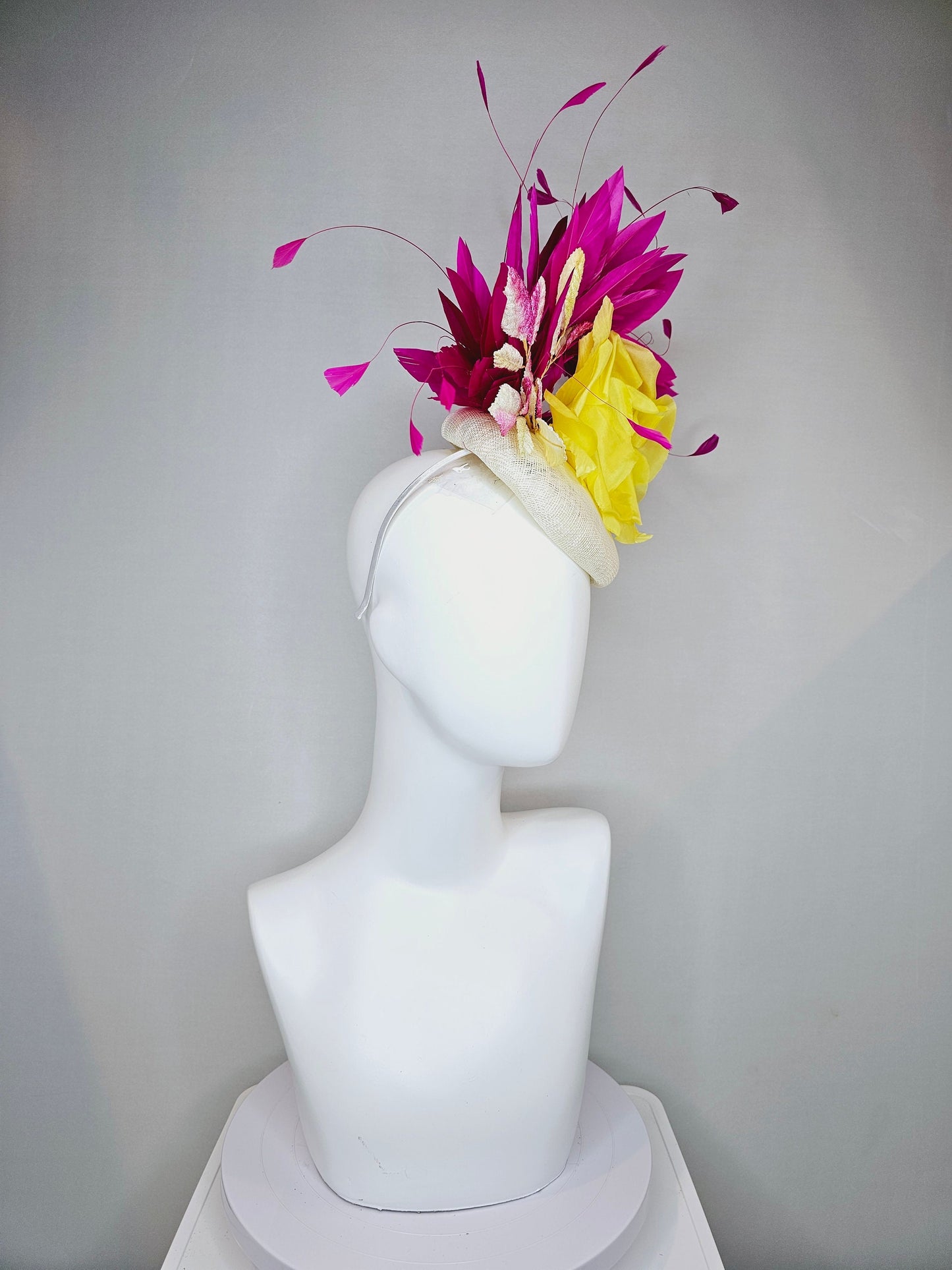 kentucky derby hat fascinator white sinamay pink and yellow leaves blush pink yellow silk flower and hot pink fuchsia feathers