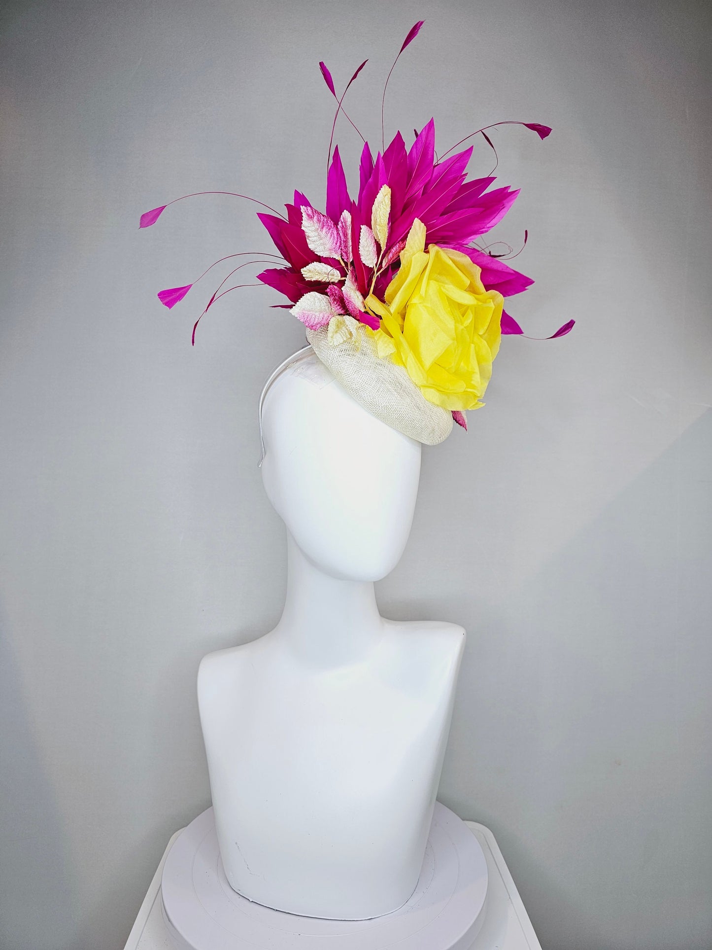 kentucky derby hat fascinator white sinamay pink and yellow leaves blush pink yellow silk flower and hot pink fuchsia feathers