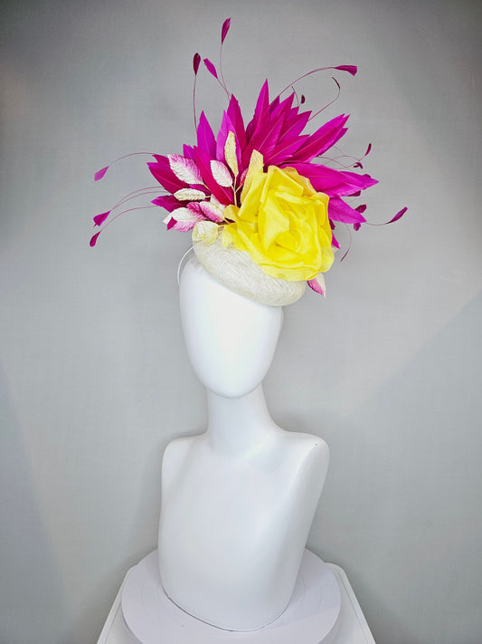 kentucky derby hat fascinator white sinamay pink and yellow leaves blush pink yellow silk flower and hot pink fuchsia feathers