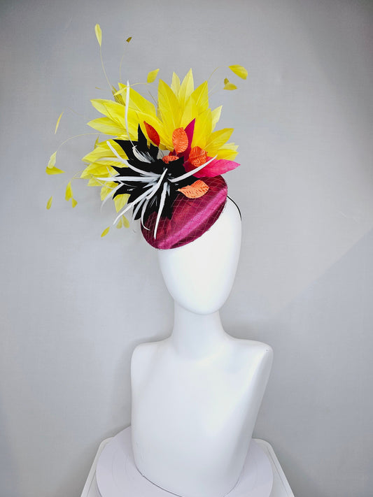 kentucky derby hat fascinator magenta purple pink satin fascinator with black feather flower coral orange leaves and yellow feathers