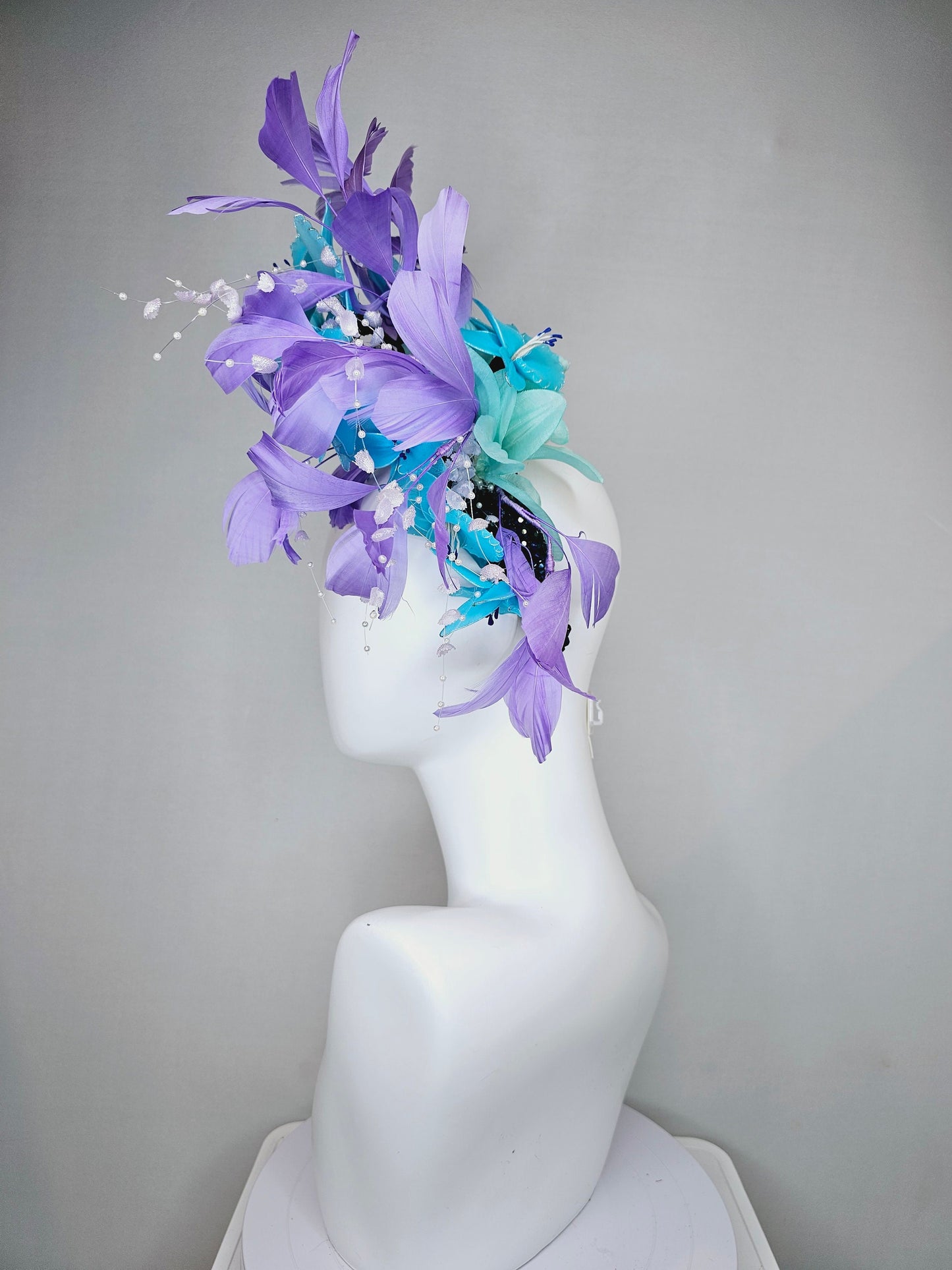 kentucky derby hat fascinator turquoise aqua blue wired flowers navy swarovski crystal headband with white pearls purple violet feathers