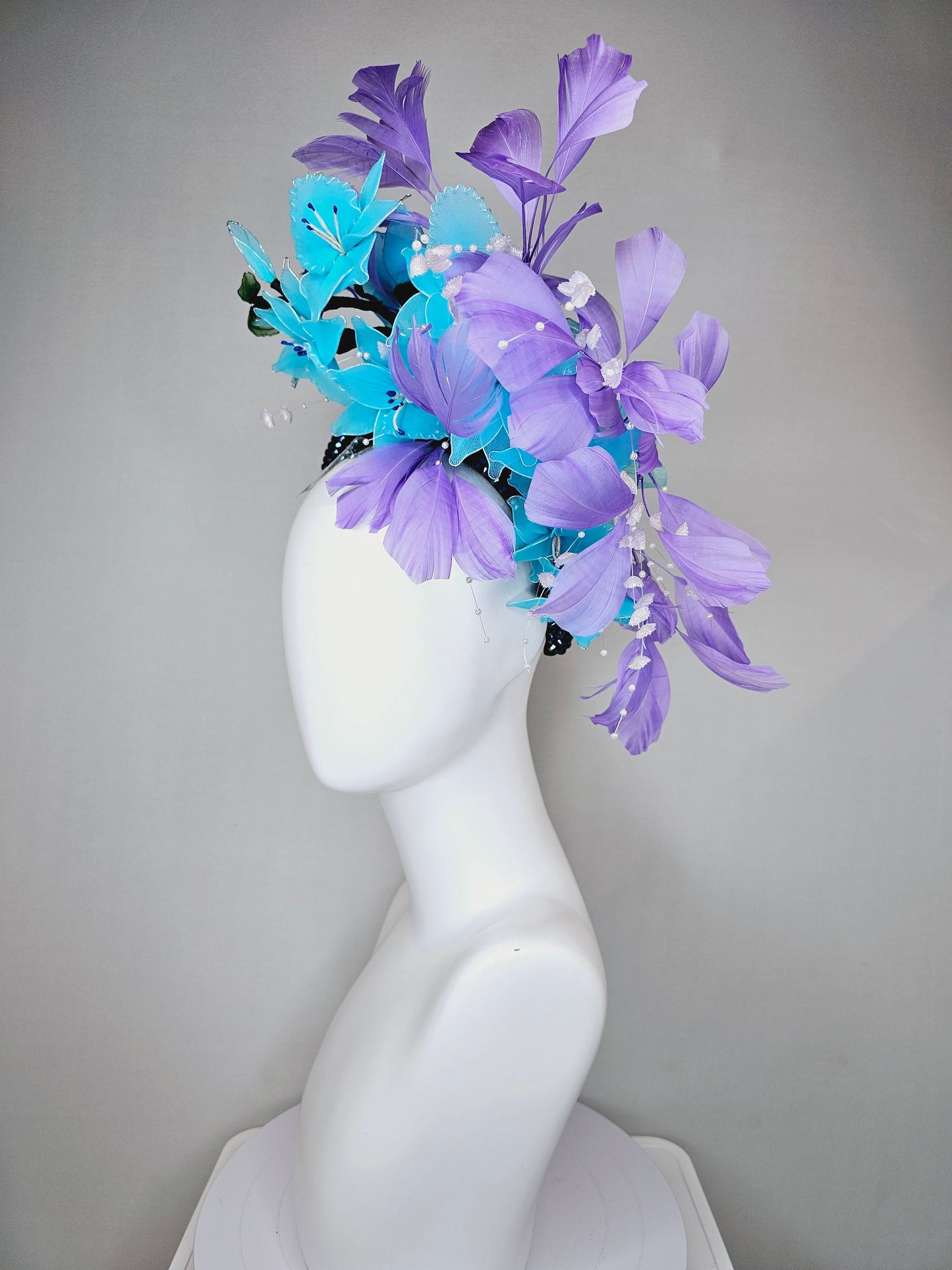 kentucky derby hat fascinator turquoise aqua blue wired flowers navy swarovski crystal headband with white pearls purple violet feathers