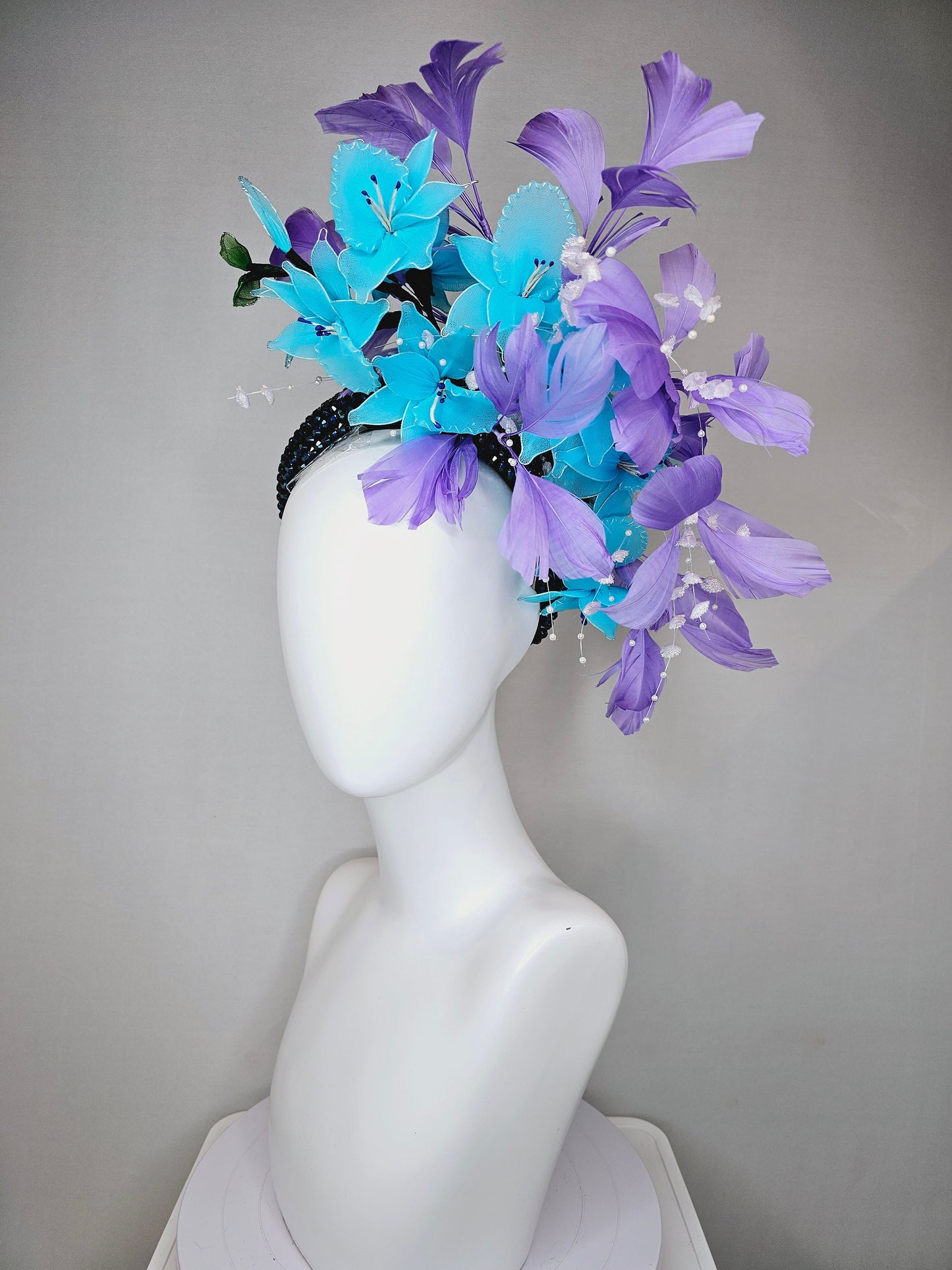 kentucky derby hat fascinator turquoise aqua blue wired flowers navy swarovski crystal headband with white pearls purple violet feathers