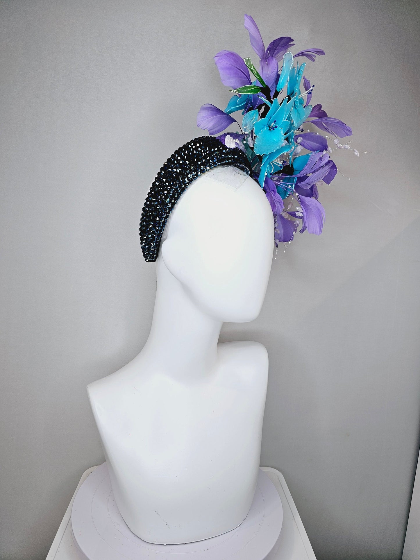 kentucky derby hat fascinator turquoise aqua blue wired flowers navy swarovski crystal headband with white pearls purple violet feathers