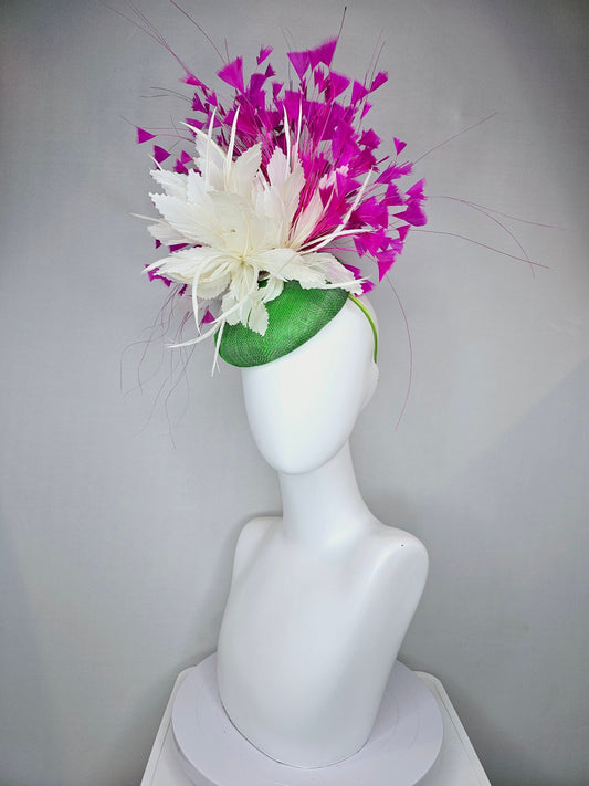 kentucky derby hat fascinator bright green sinamay white ivory large feather flower with fuchsia hot pink  feathers