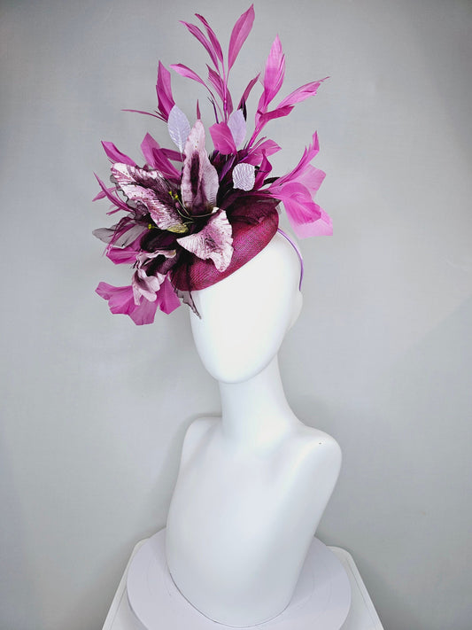 kentucky derby hat fascinator violet purple distressed flower with purple lavender pink feathers purple sinamay with curls